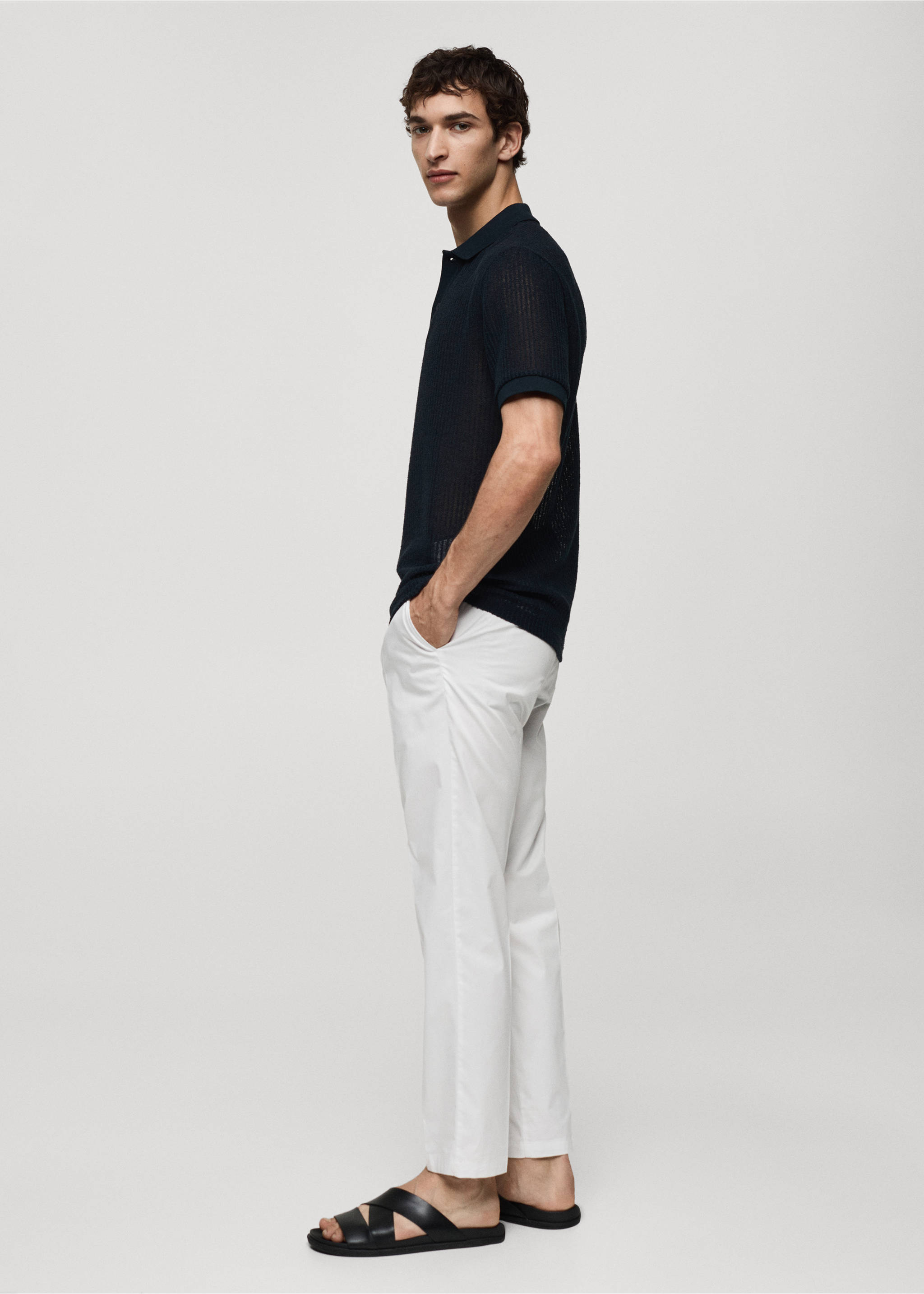 Regular-fit openwork knitted polo shirt - Details of the article 2, Dark Navy. Ref: 77090587-00.