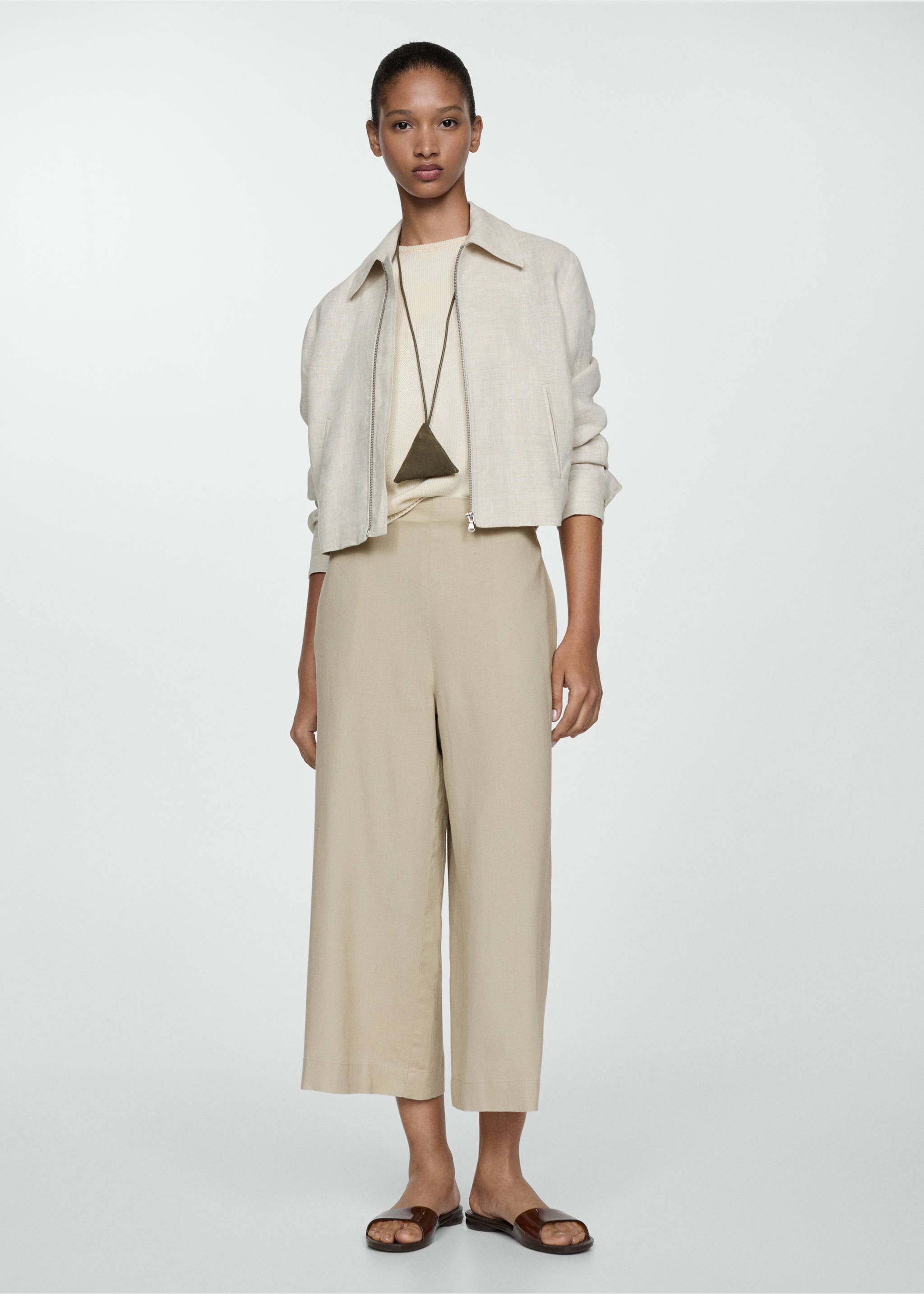 Wide leg linen trousers - General plane, Beige. Ref: 77092007-00.