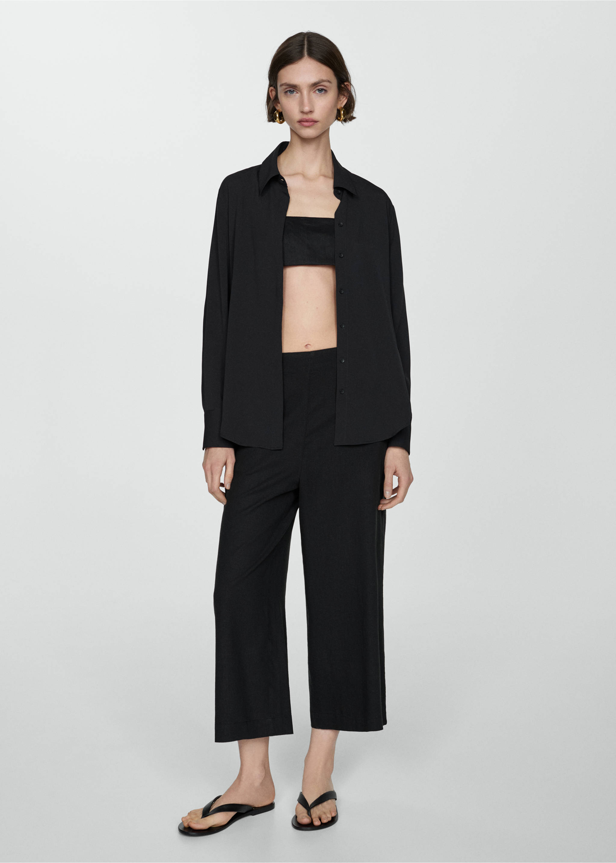 Wide leg linen trousers - General plane, Black. Ref: 77092007-00.