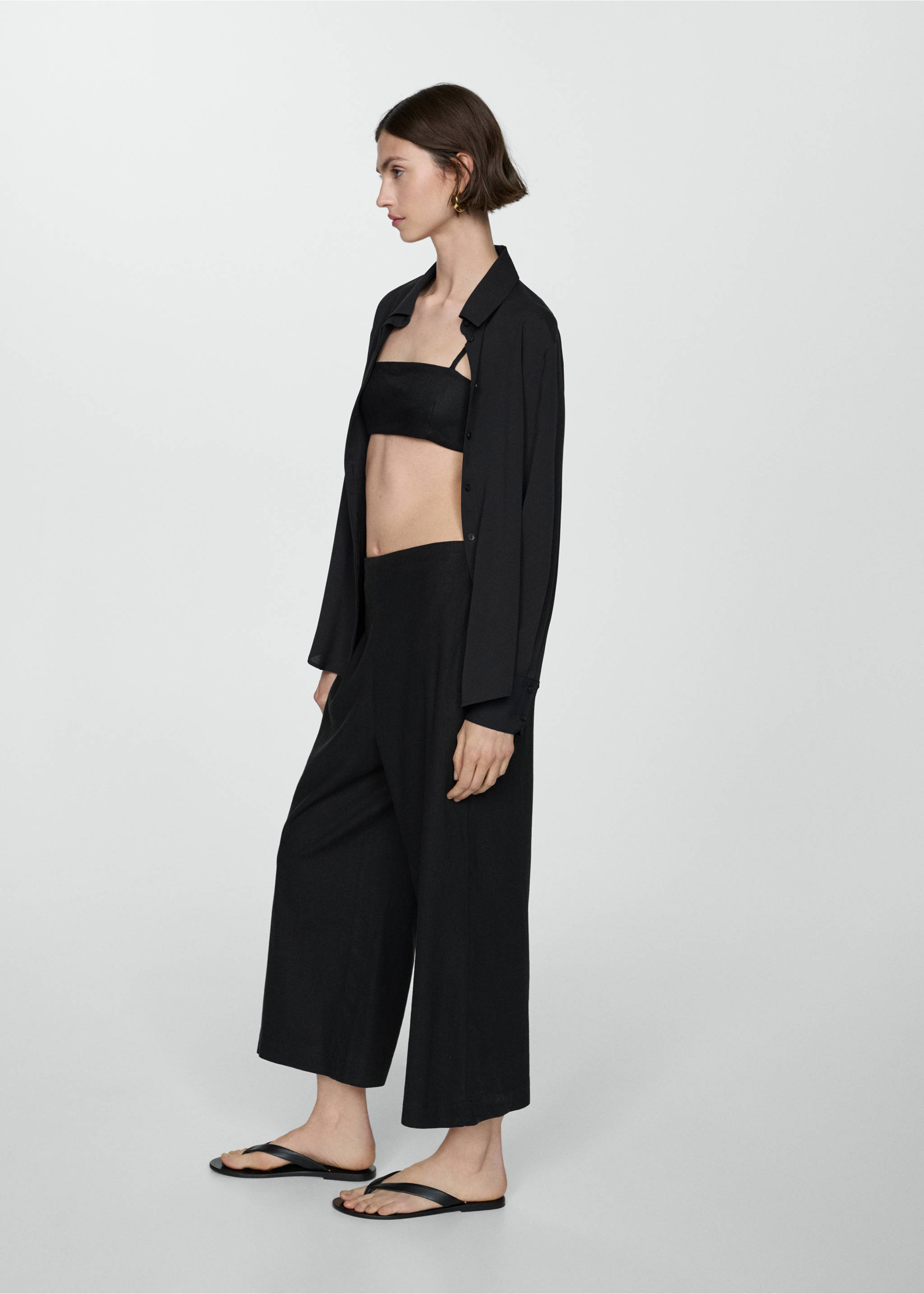 Wide leg linen trousers - Details of the article 1, Black. Ref: 77092007-00.
