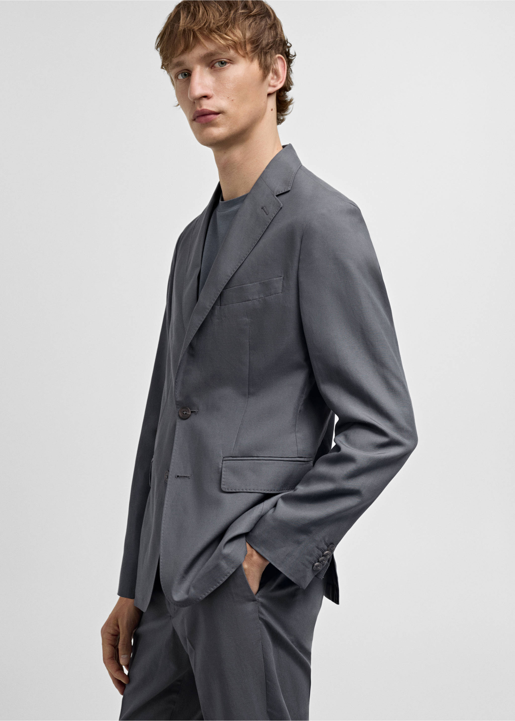 Slim-fit linen-blend suit jacket - Details of the article 2, Petrol Blue. Ref: 77092531-00.