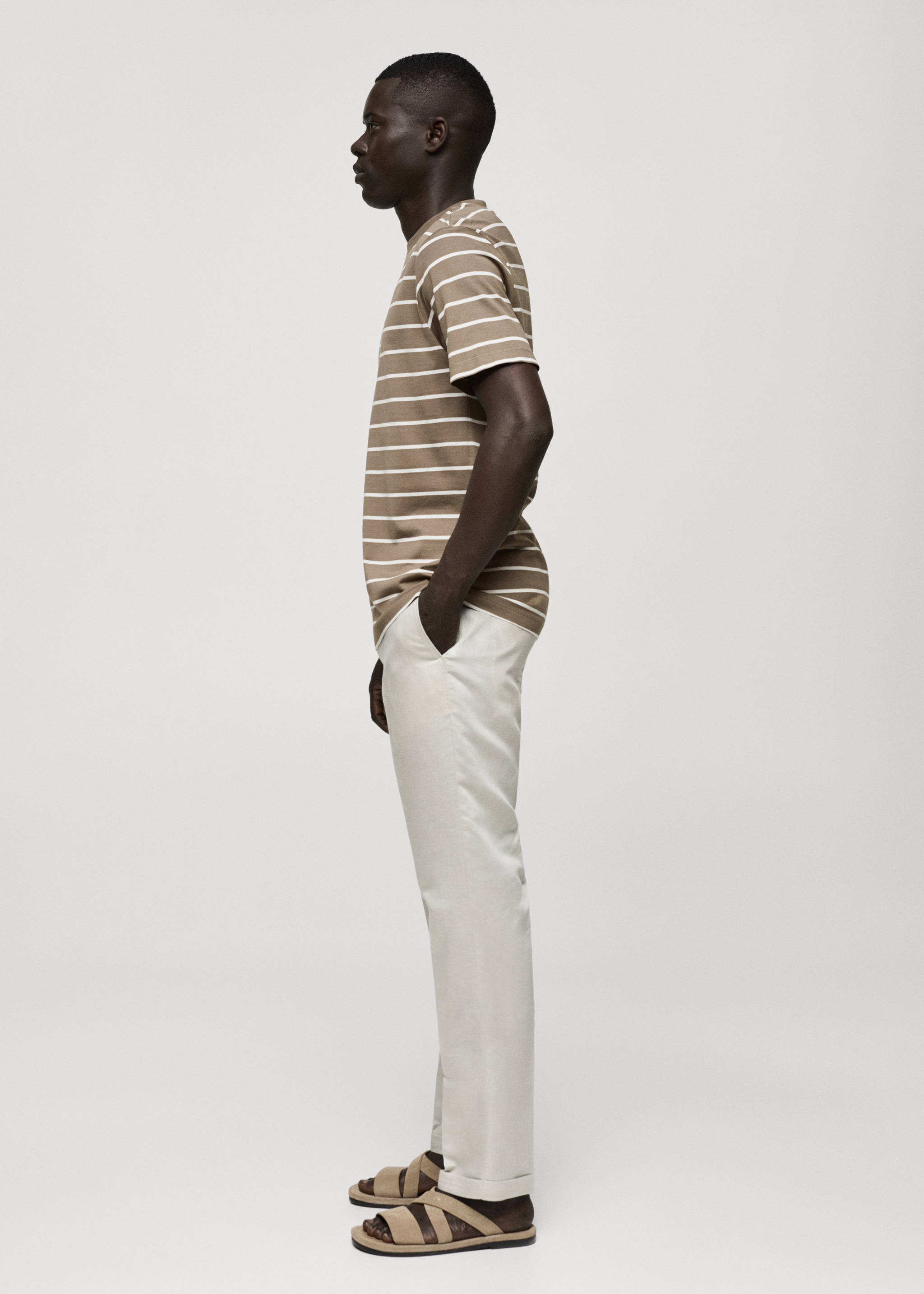 Striped cotton T-shirt - Details of the article 2, Khaki. Ref: 77092537-00.
