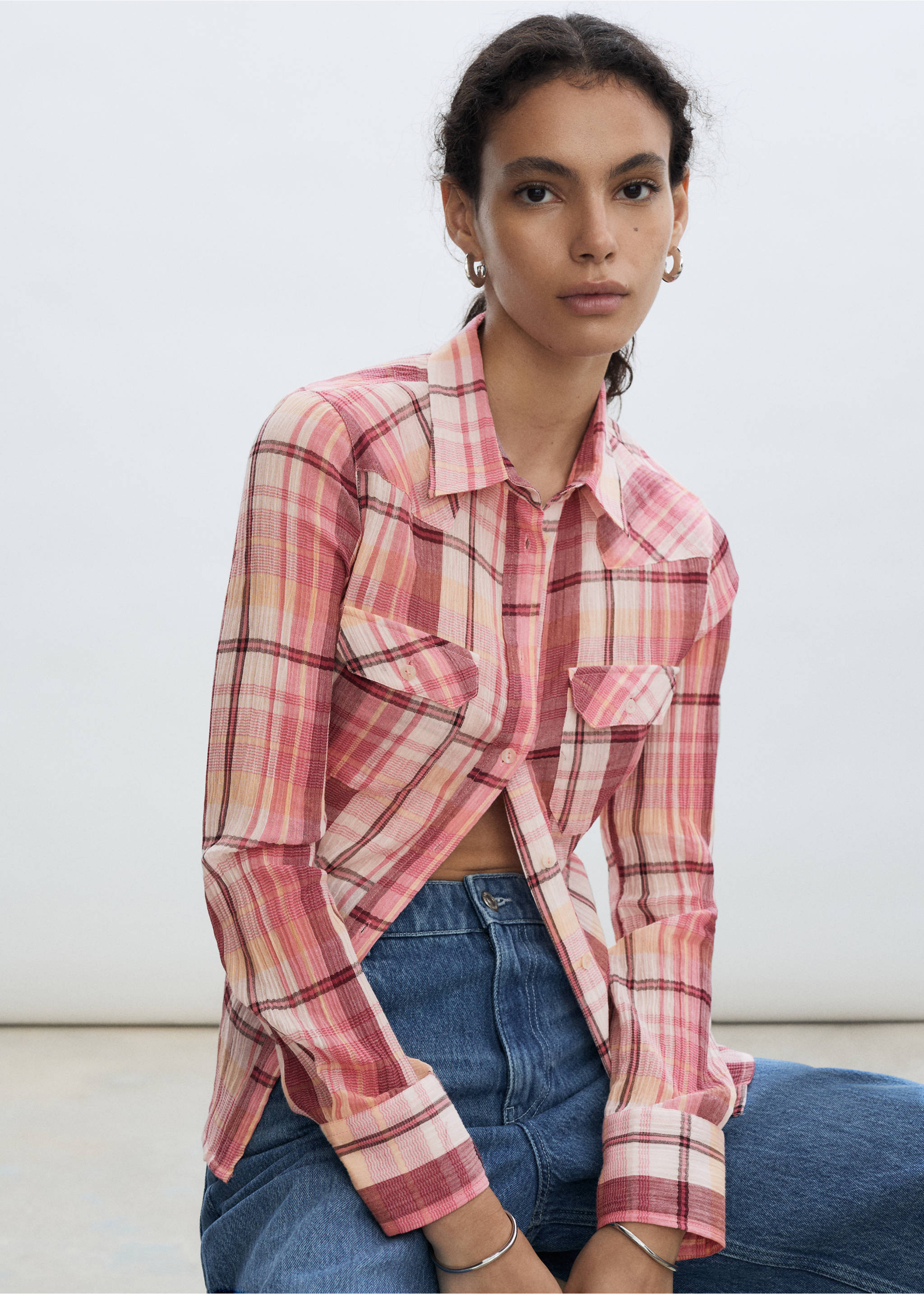 Check cotton shirt - Details of the article 2, Pink. Ref: 77093262-00.