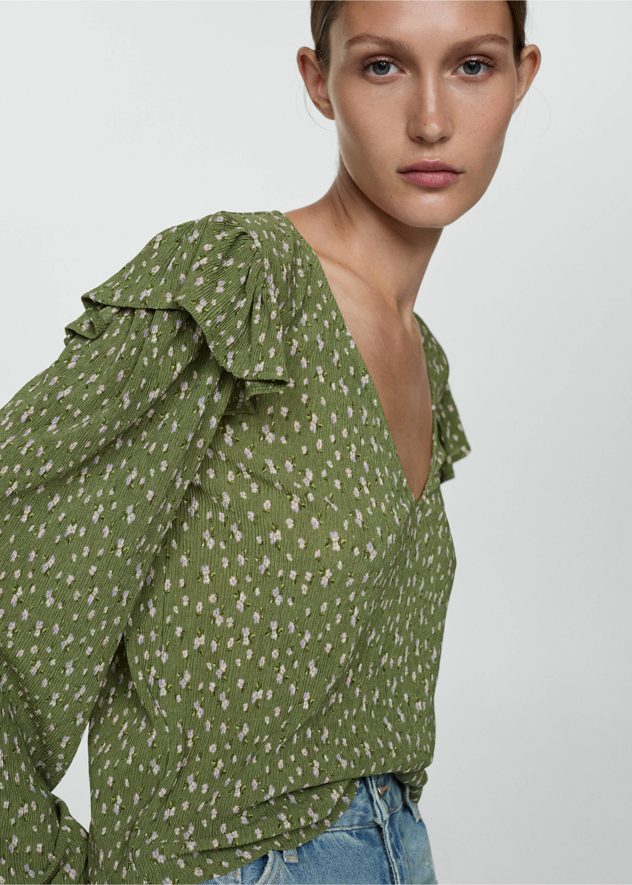 Ruffles printed blouse - Medium plane, Green. Ref: 77094027-00.