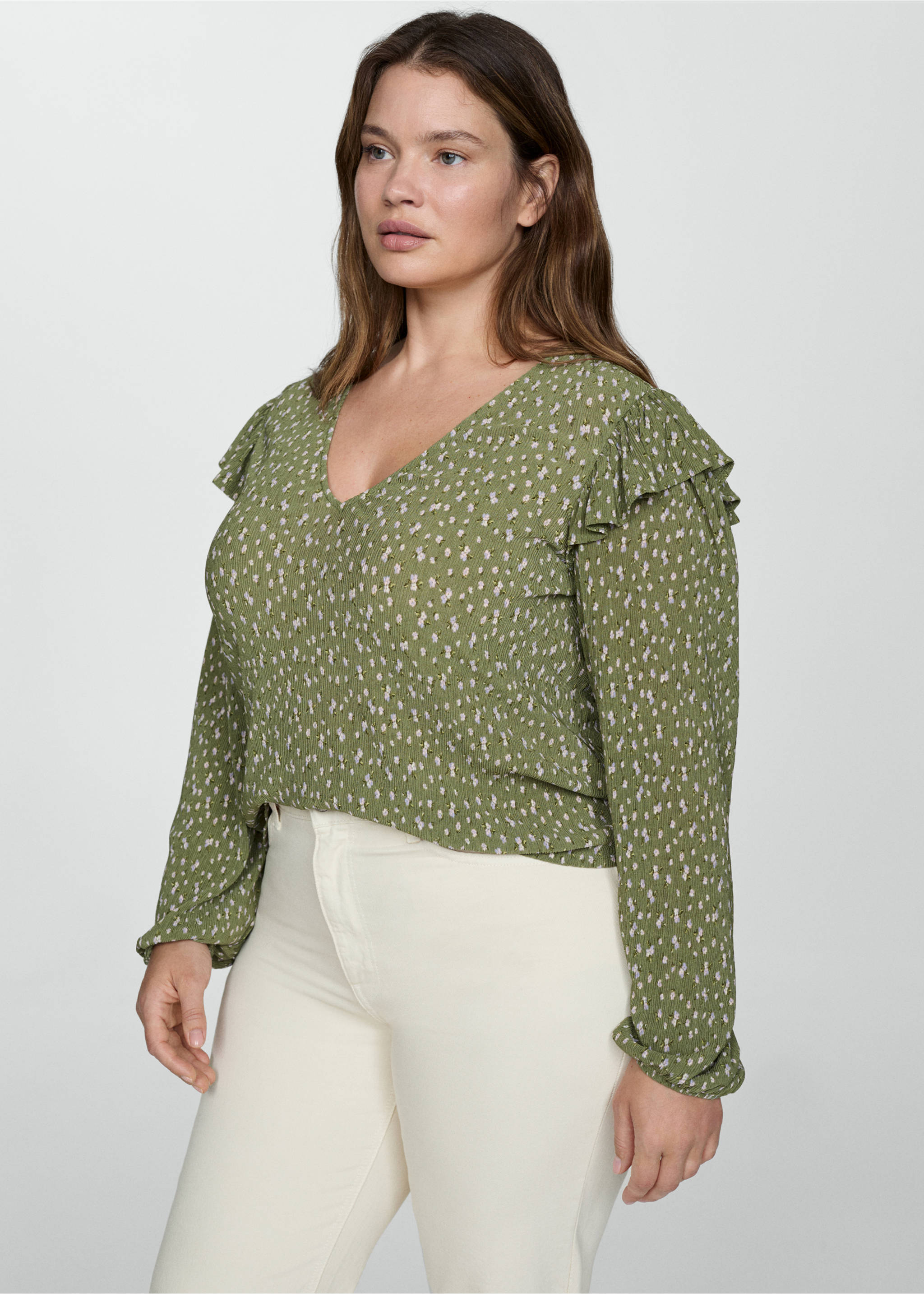 Ruffles printed blouse - Details of the article 5, Green. Ref: 77094027-00.