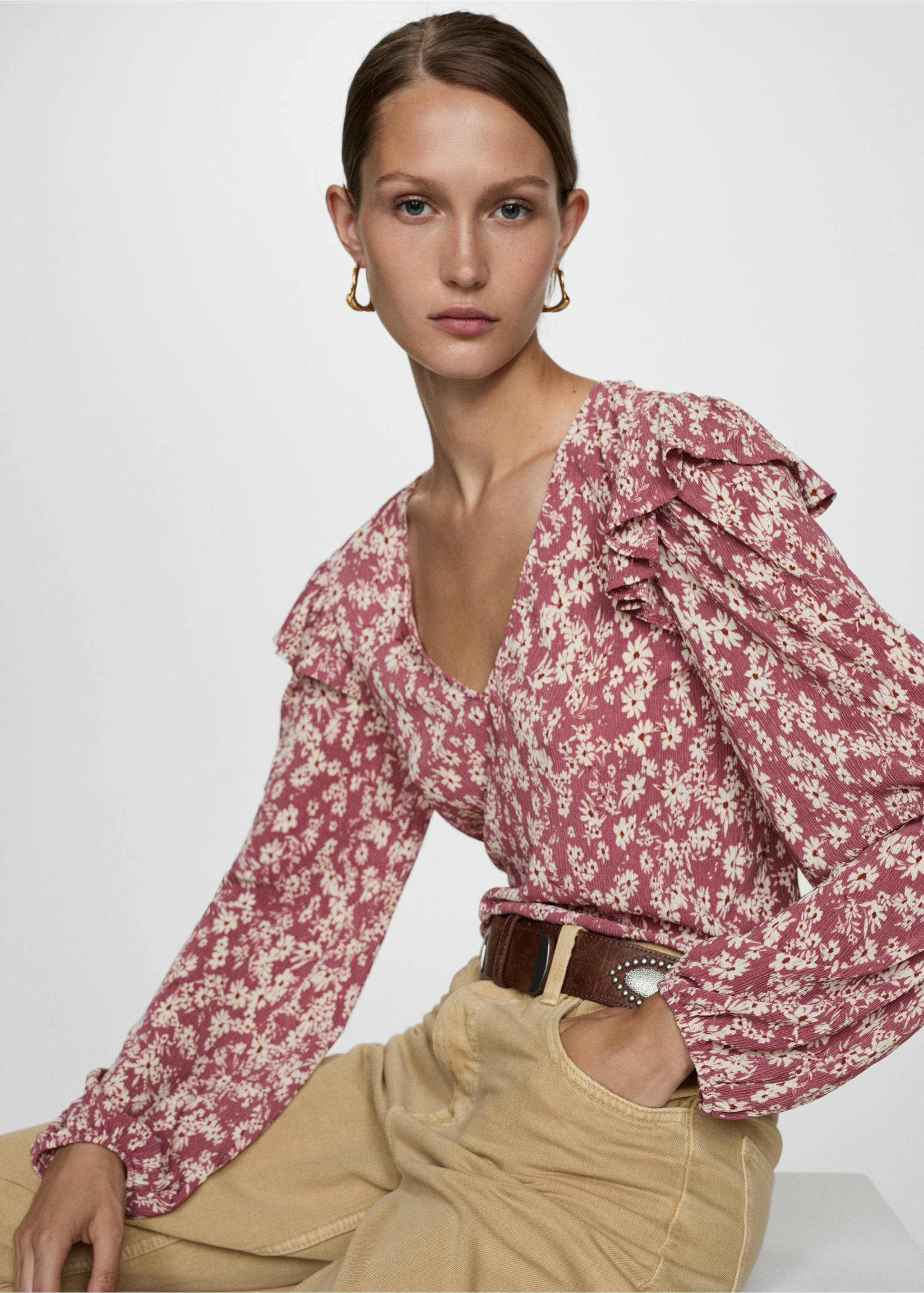 Ruffles printed blouse - Medium plane, Pink. Ref: 77094027-00.
