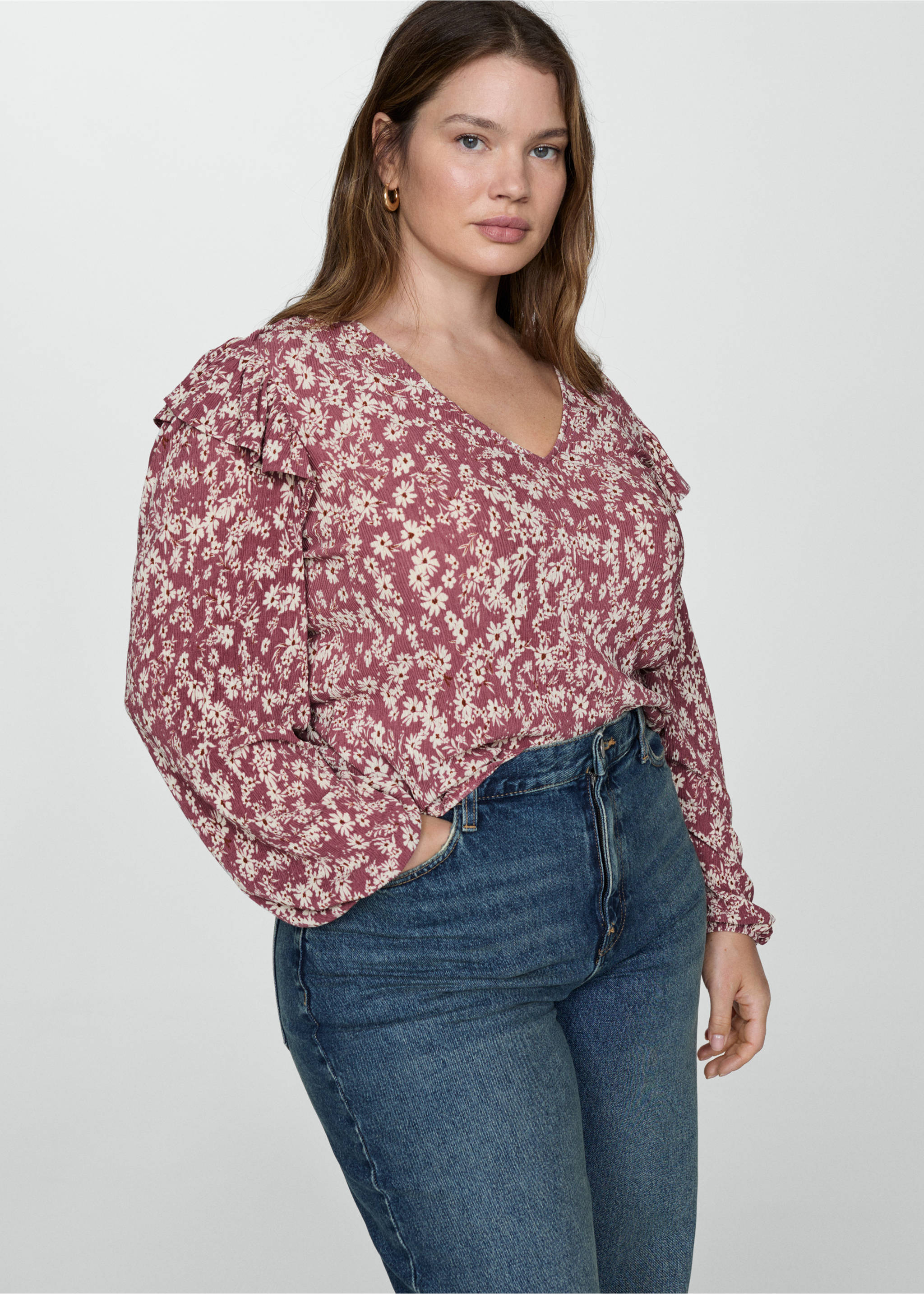 Ruffles printed blouse - Details of the article 5, Pink. Ref: 77094027-00.