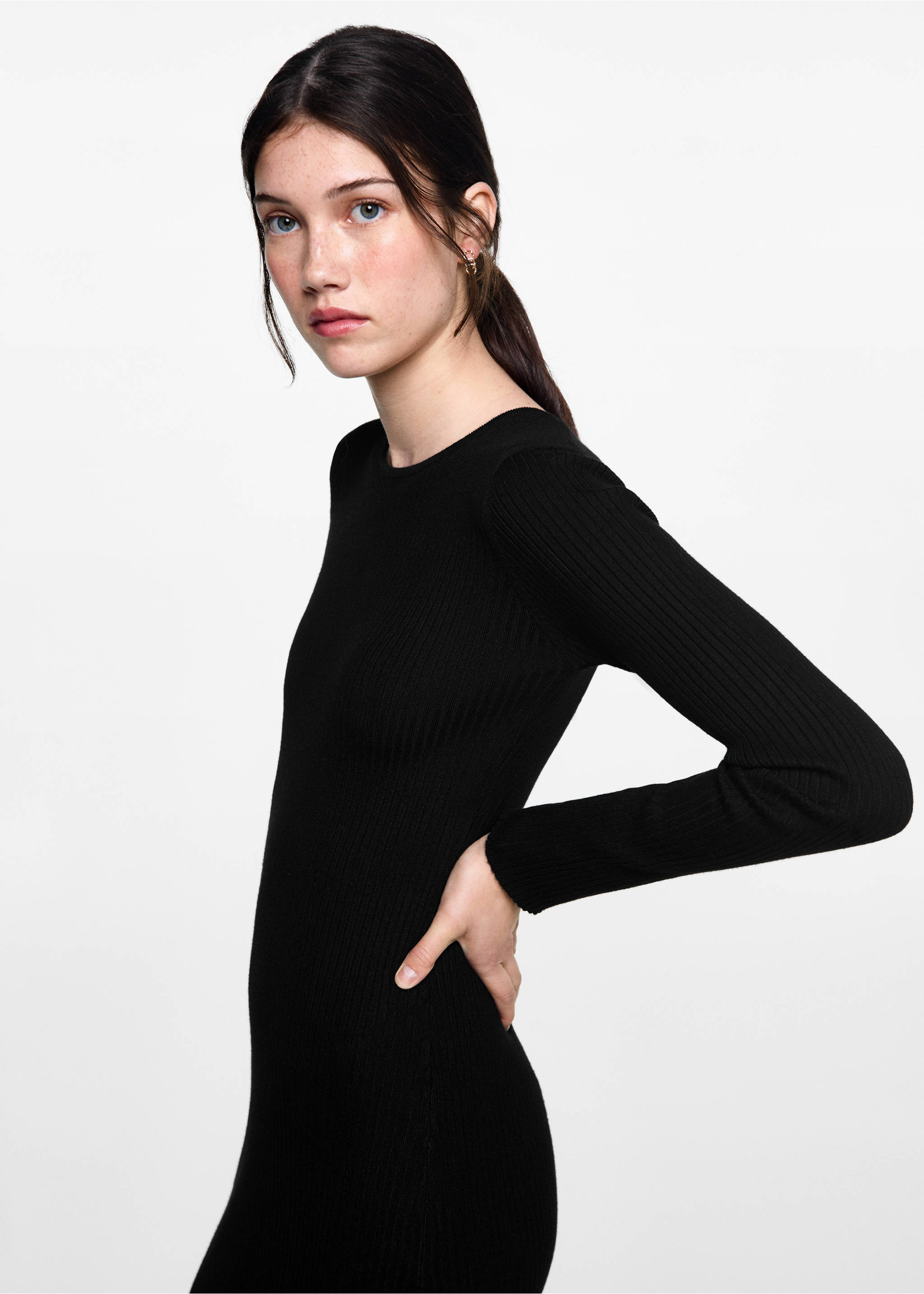 Vestit midi canalé - Pla mig, Negre. Ref: 77094039-00.