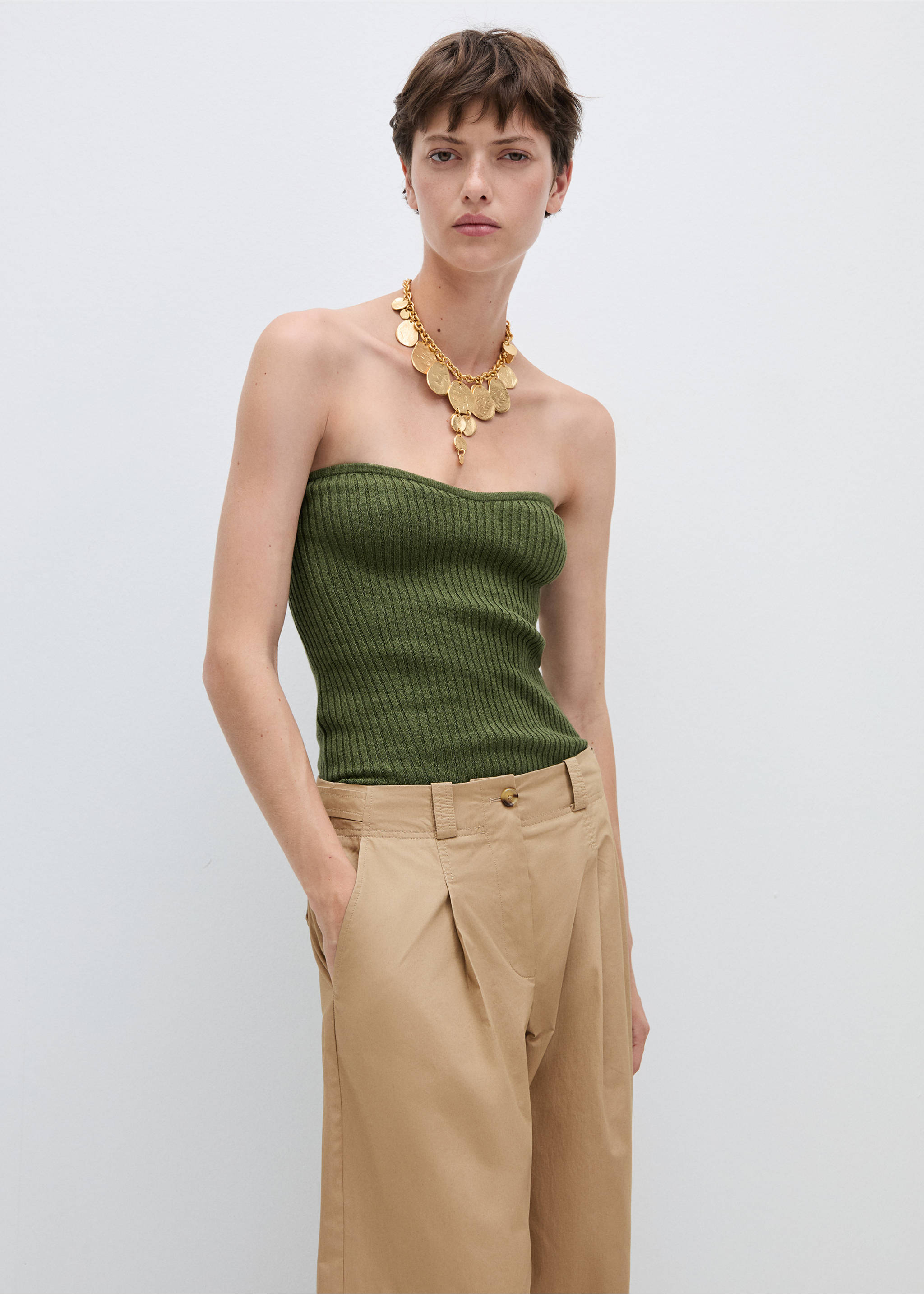 Wide leg pleated trousers - Details of the article 1, Beige. Ref: 77094439-00.