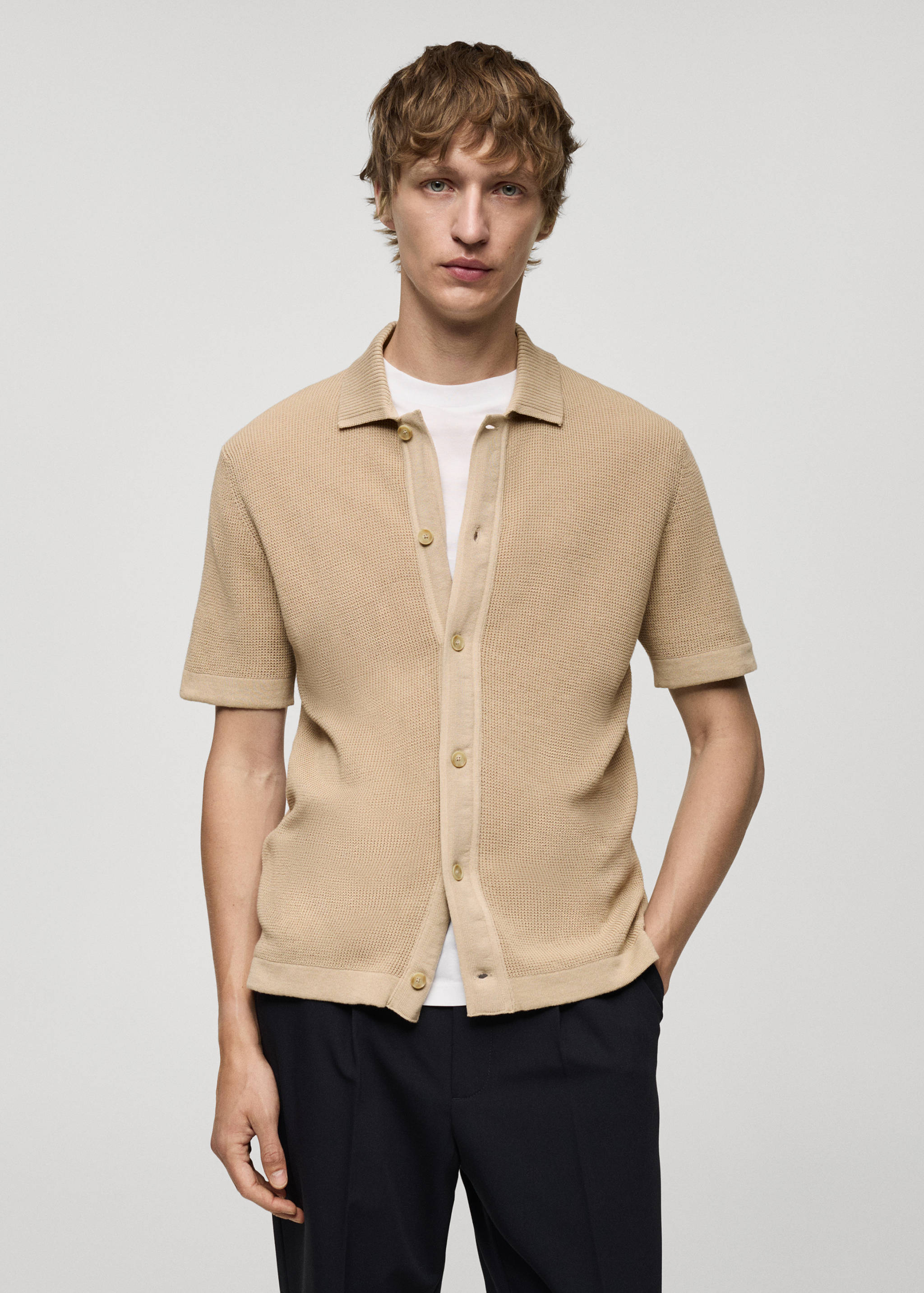 Gebreid poloshirt met microstructuur en knopen - Middenvlak