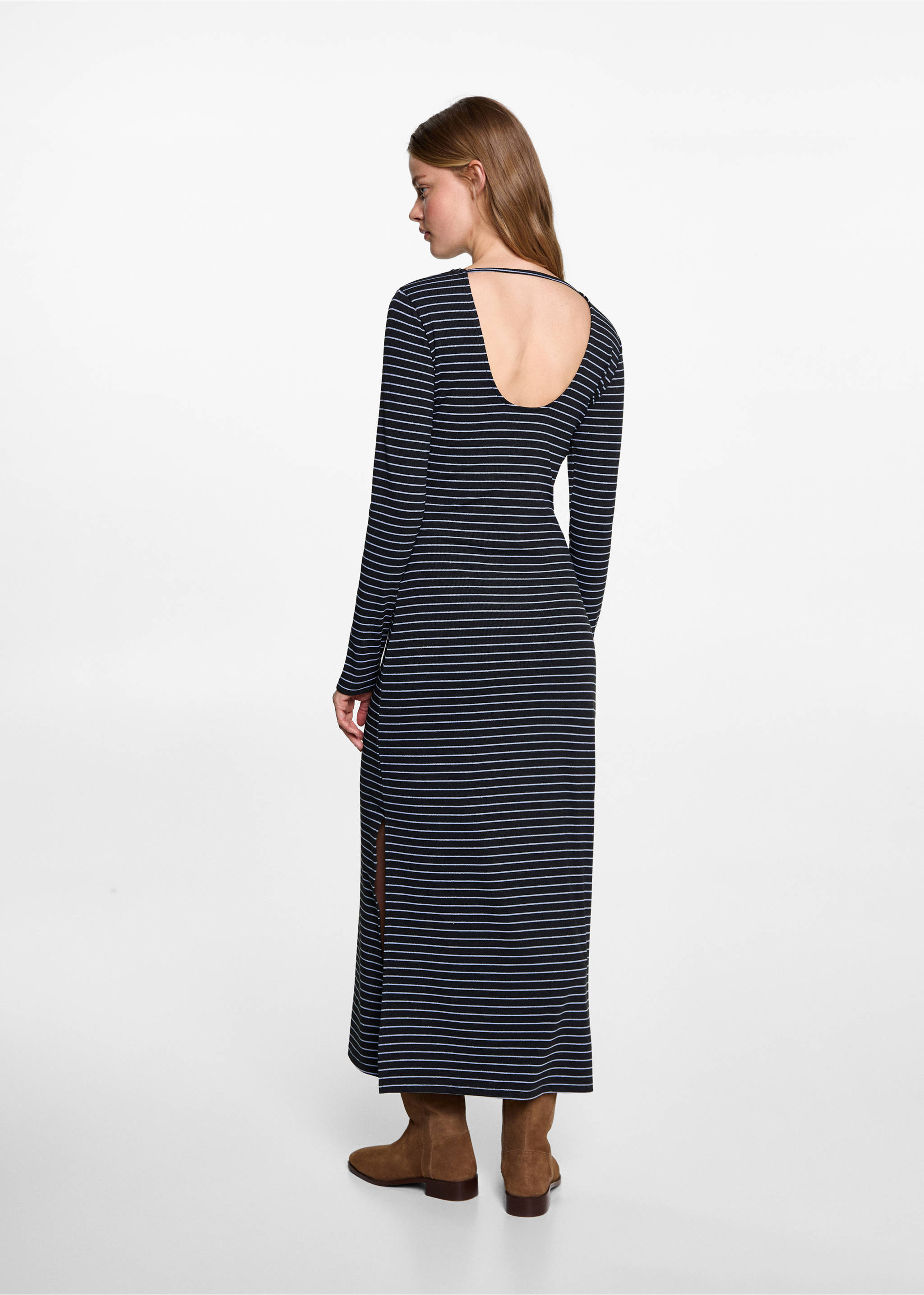 Sukienka z lureksu w paski z rozcięciem - Tylna strona artykułu, Szary. Ref: 77094782-00.