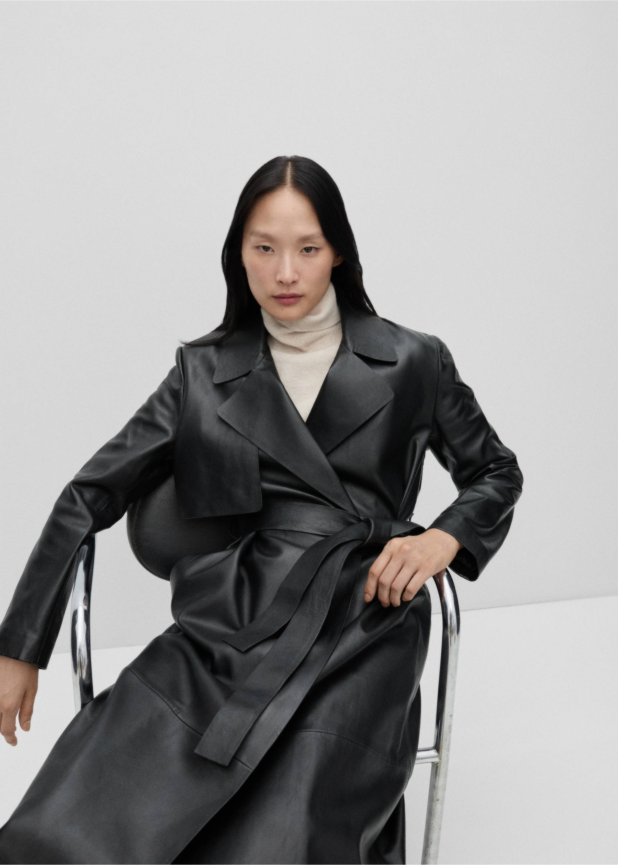 Leather trench coat with belt - Medium plane, Black. Ref: 77095655-00.