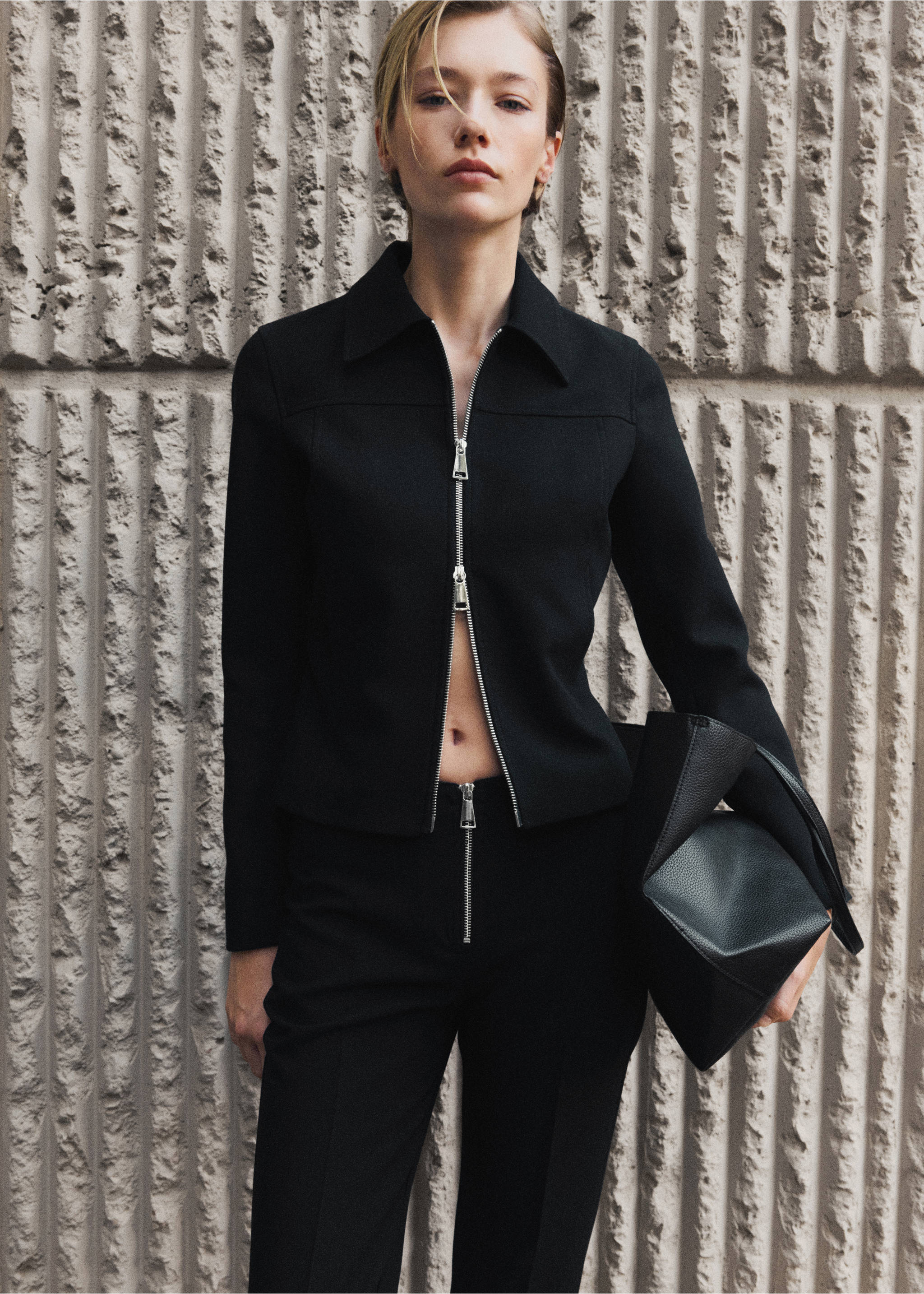 Jacket with double zip - Details of the article 3, Black. Ref: 77095657-00.