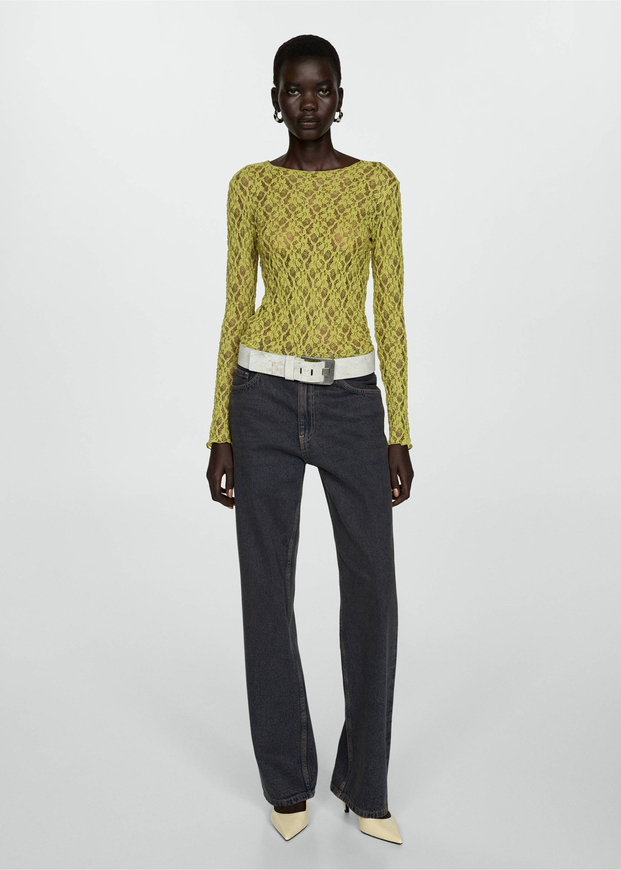 Round-neck lace t-shirt - General plane, Green. Ref: 77095668-00.