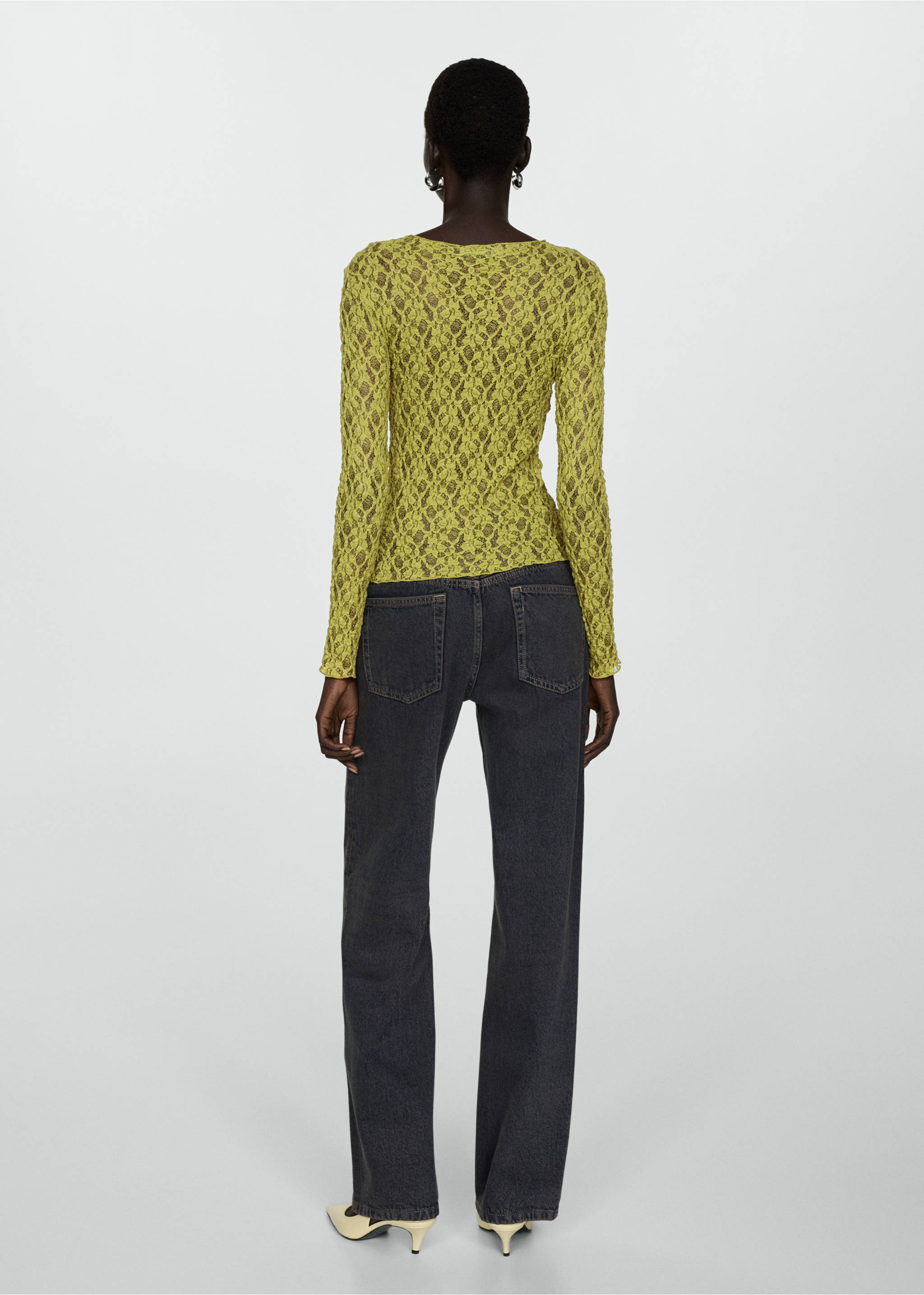 Round-neck lace t-shirt - Reverse of the article, Green. Ref: 77095668-00.