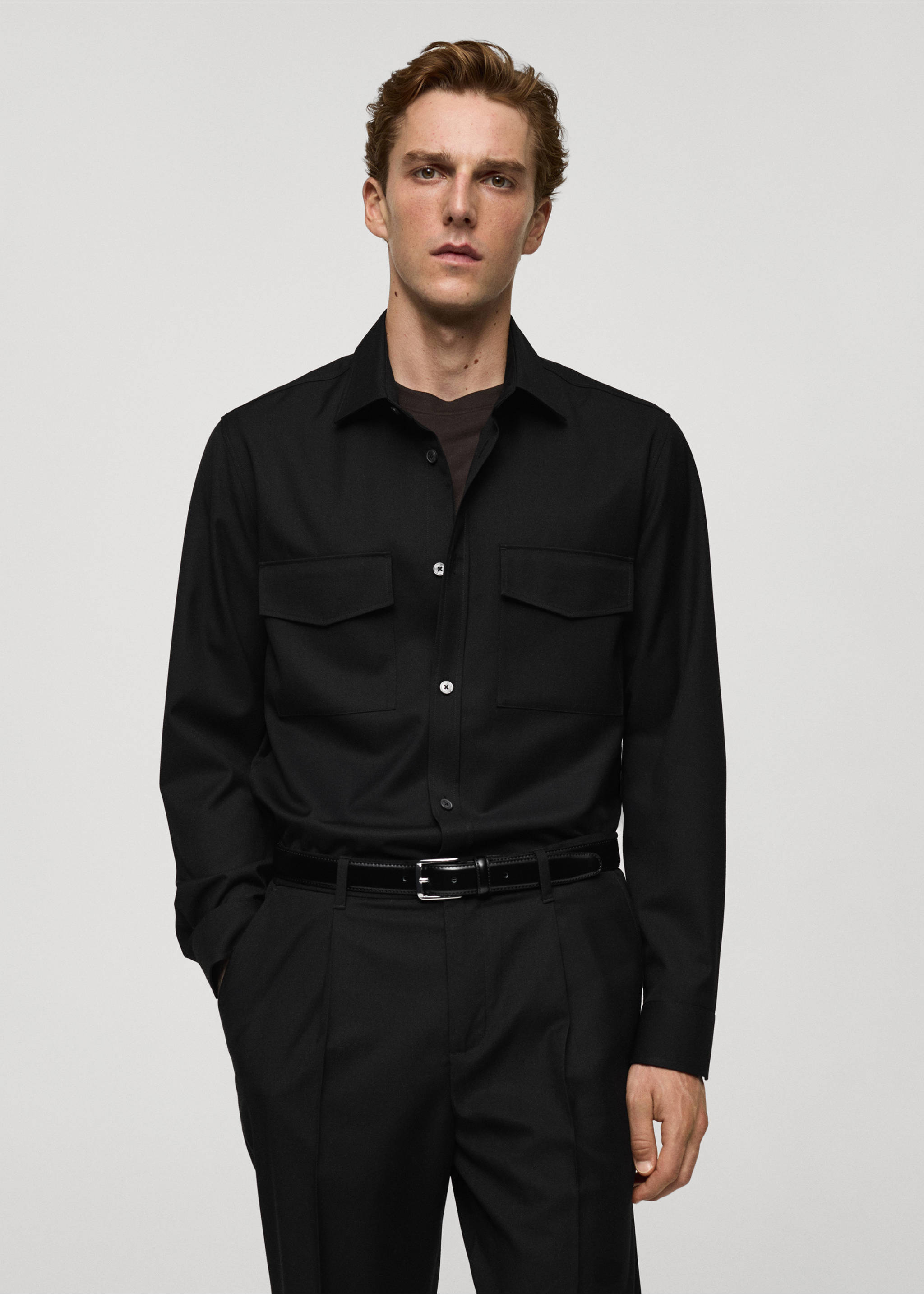 Regular fit pockets overshirt - Medium plane, Black. Ref: 77095973-00.