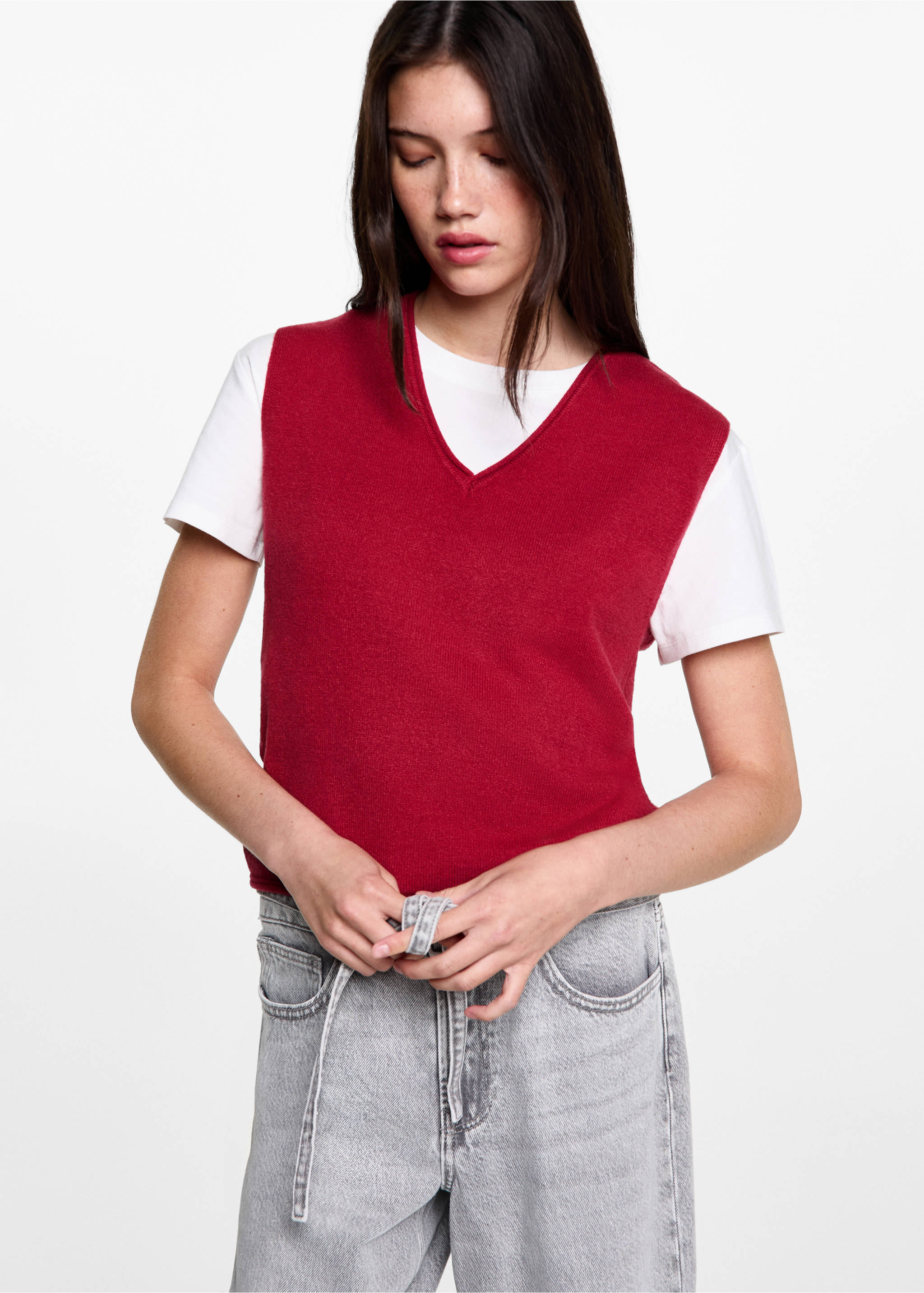 Chaleco punto cuello pico - Plano medio, Rojo. Ref: 77095983-00.