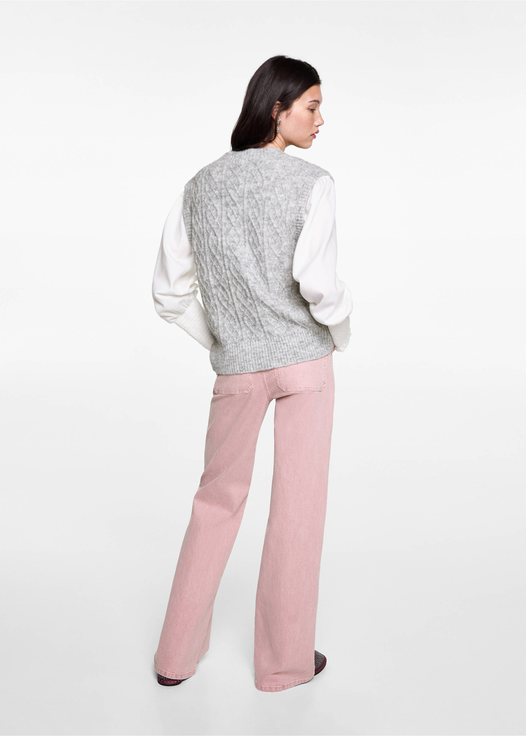 Gilet maille torsadée - Verso de l’article, Gris chiné moyen. Ref: 77096004-00.