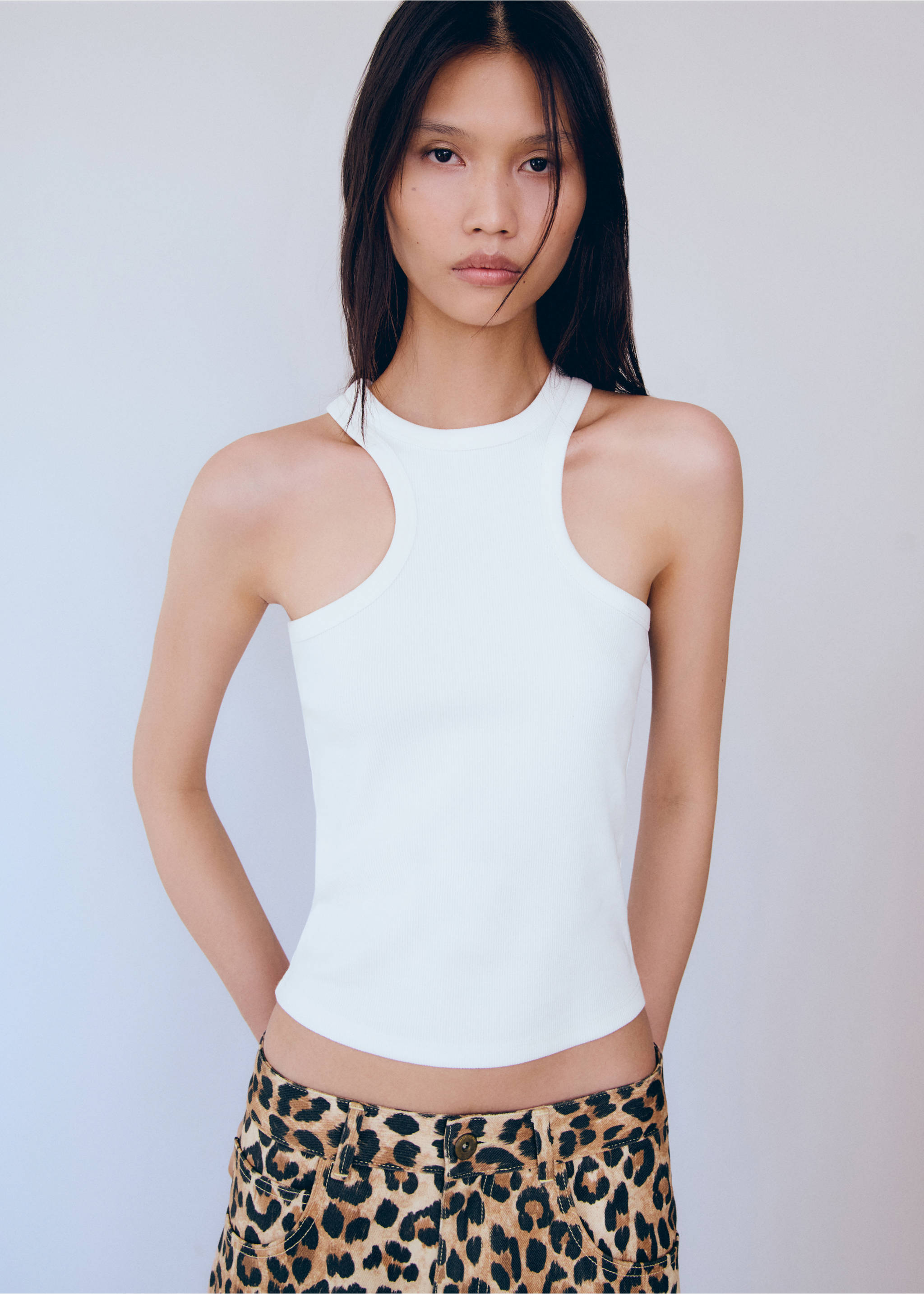 Ribbed cotton-blend top - Medium plane, White. Ref: 77096347-00.