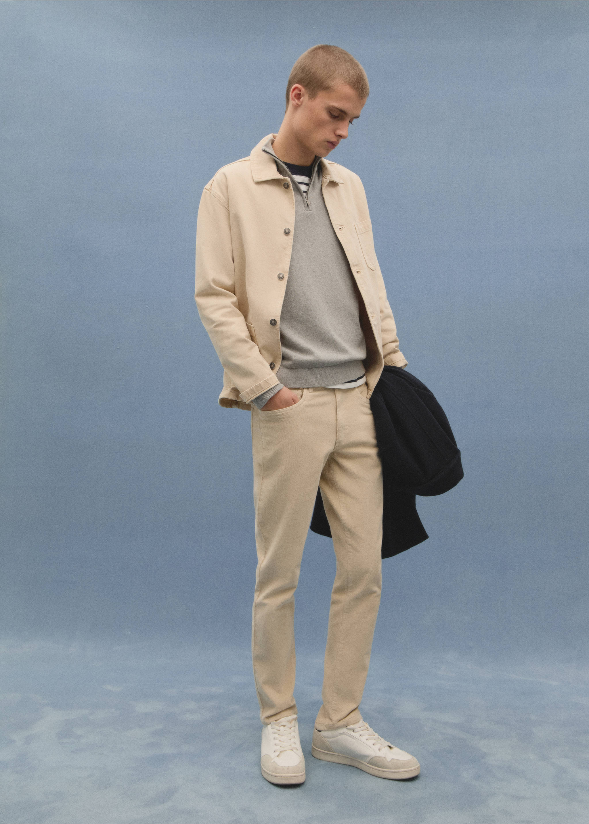 Slim fit corduroy trousers - Details of the article 5, Beige. Ref: 77097672-00.