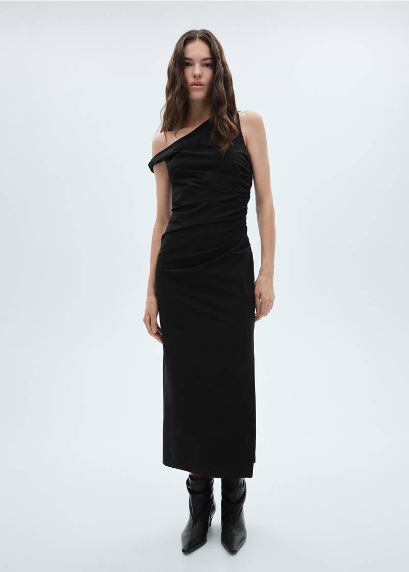 Asymmetrical dress with gathered details - Black
