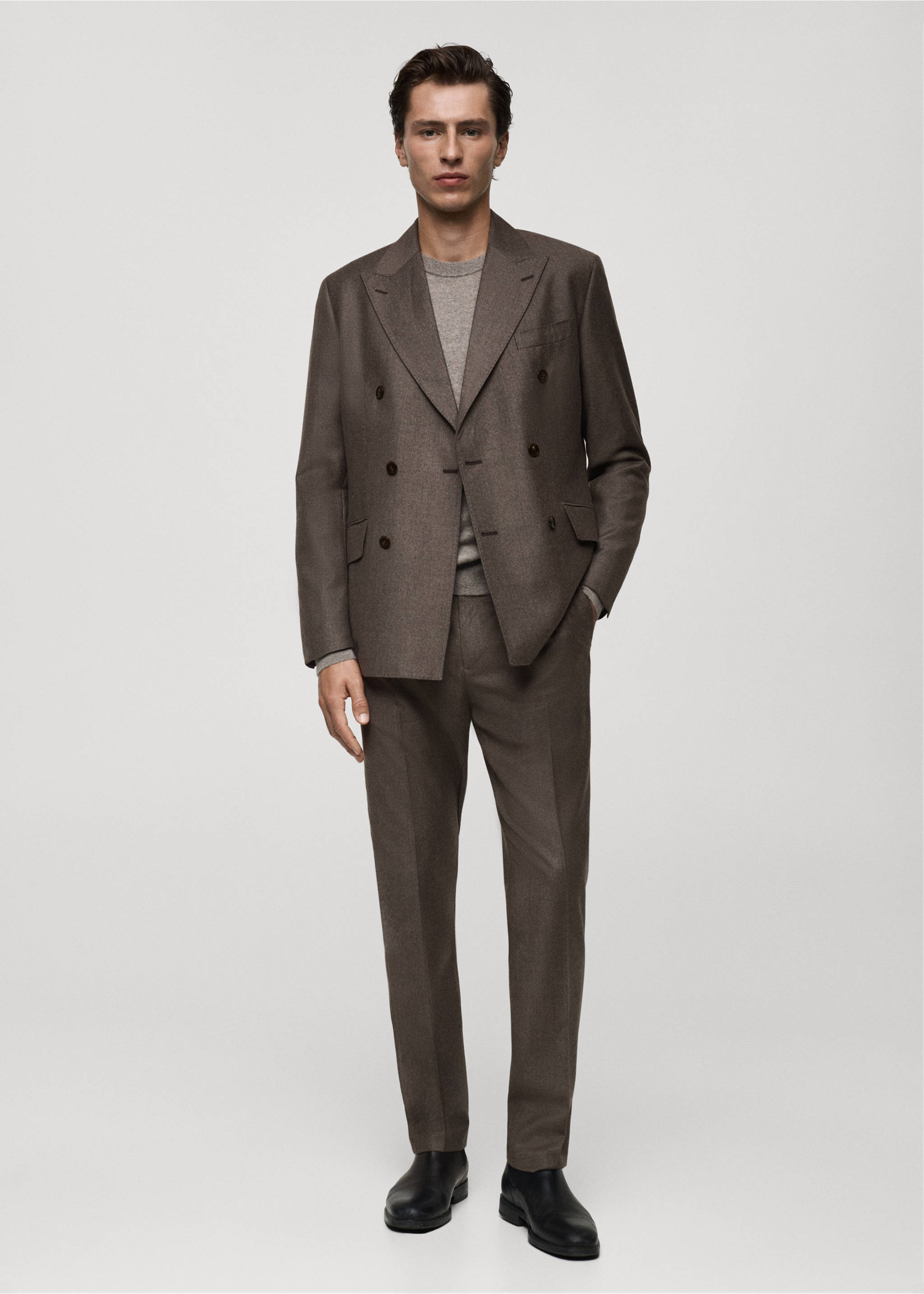 Italian 100% virgin wool flannel suit jacket - General plane, Brown. Ref: 77097930-00.