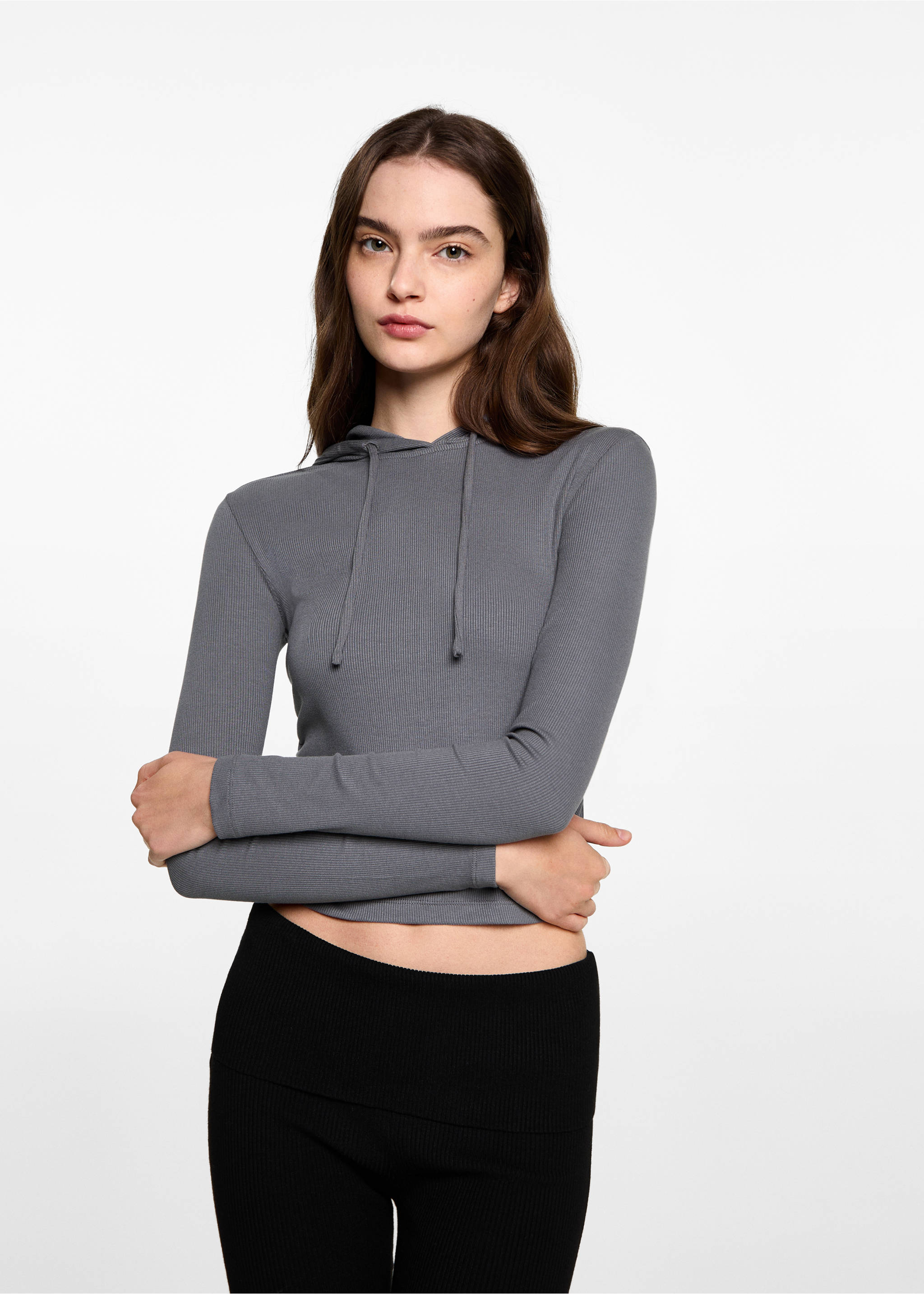 Sweat-shirt à capuche côtelé - Plan moyen, Gris anthracite. Ref: 77098271-00.