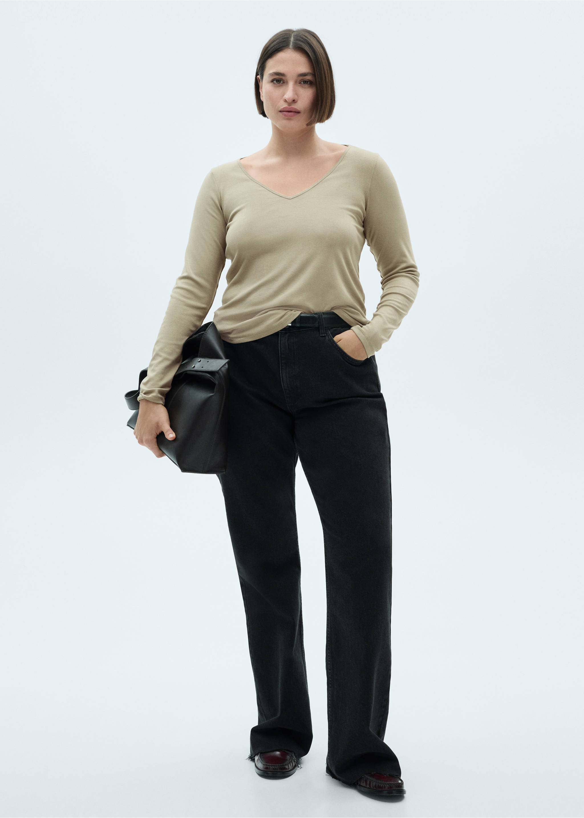 Camiseta manga larga cuello pico - Detalle del artículo 3, Verde pastel. Ref: 77098284-00.