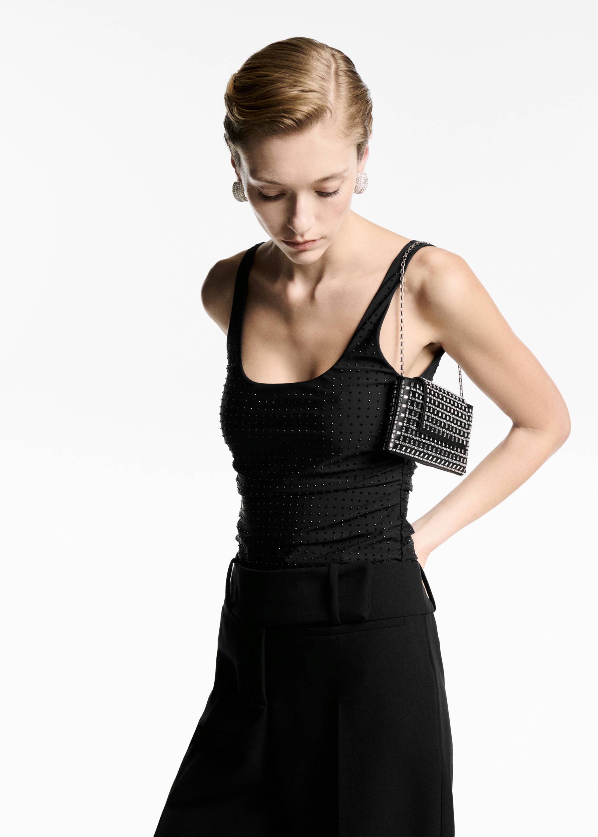 Gathered bodysuit with rhinestone detail - Medium plane, Black. Ref: 77099057-00.