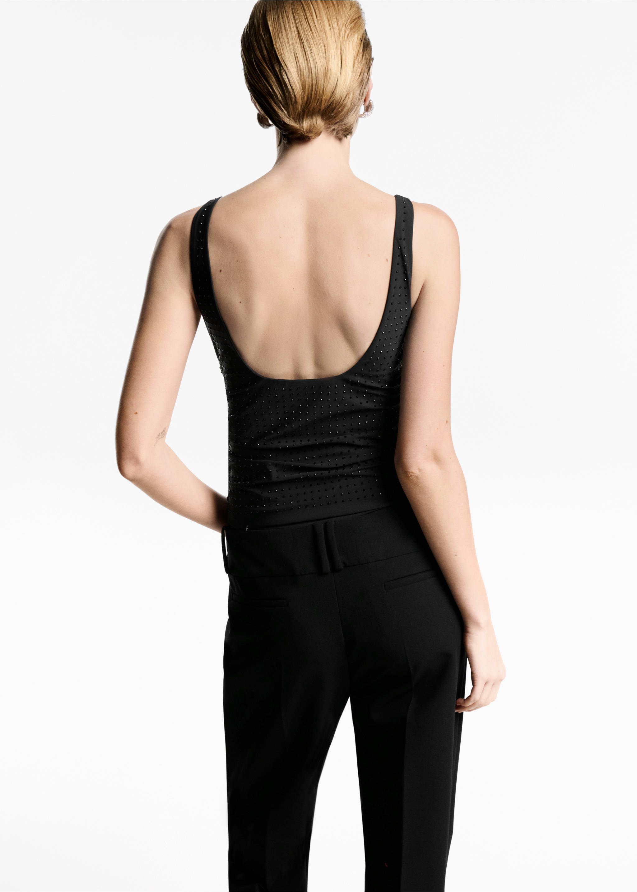 Gathered bodysuit with rhinestone detail - Reverse of the article, Black. Ref: 77099057-00.
