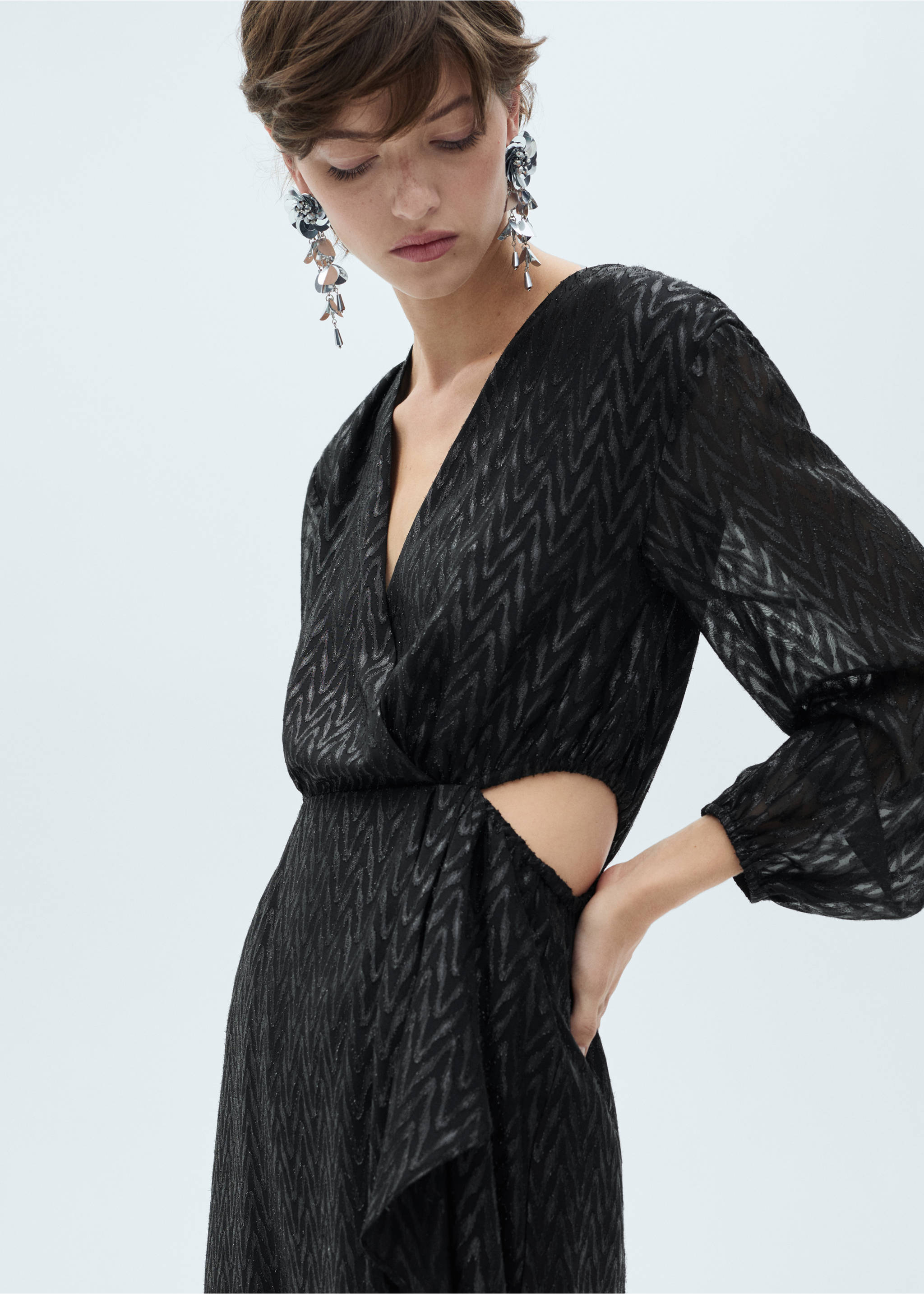 Wrap dress with side slits - Details of the article 1, Black. Ref: 77099065-00.