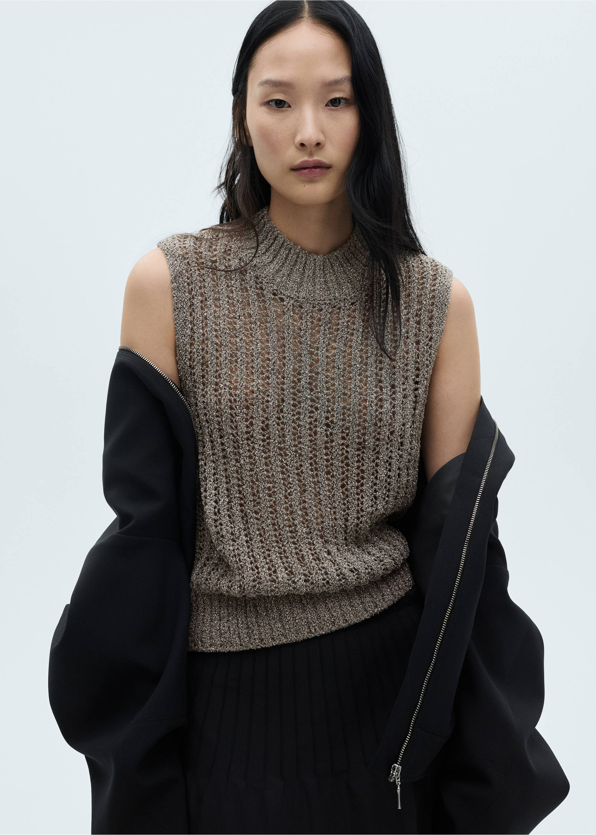 Lurex openwork knitted waistcoat - Medium plane, Silver. Ref: 77099069-00.