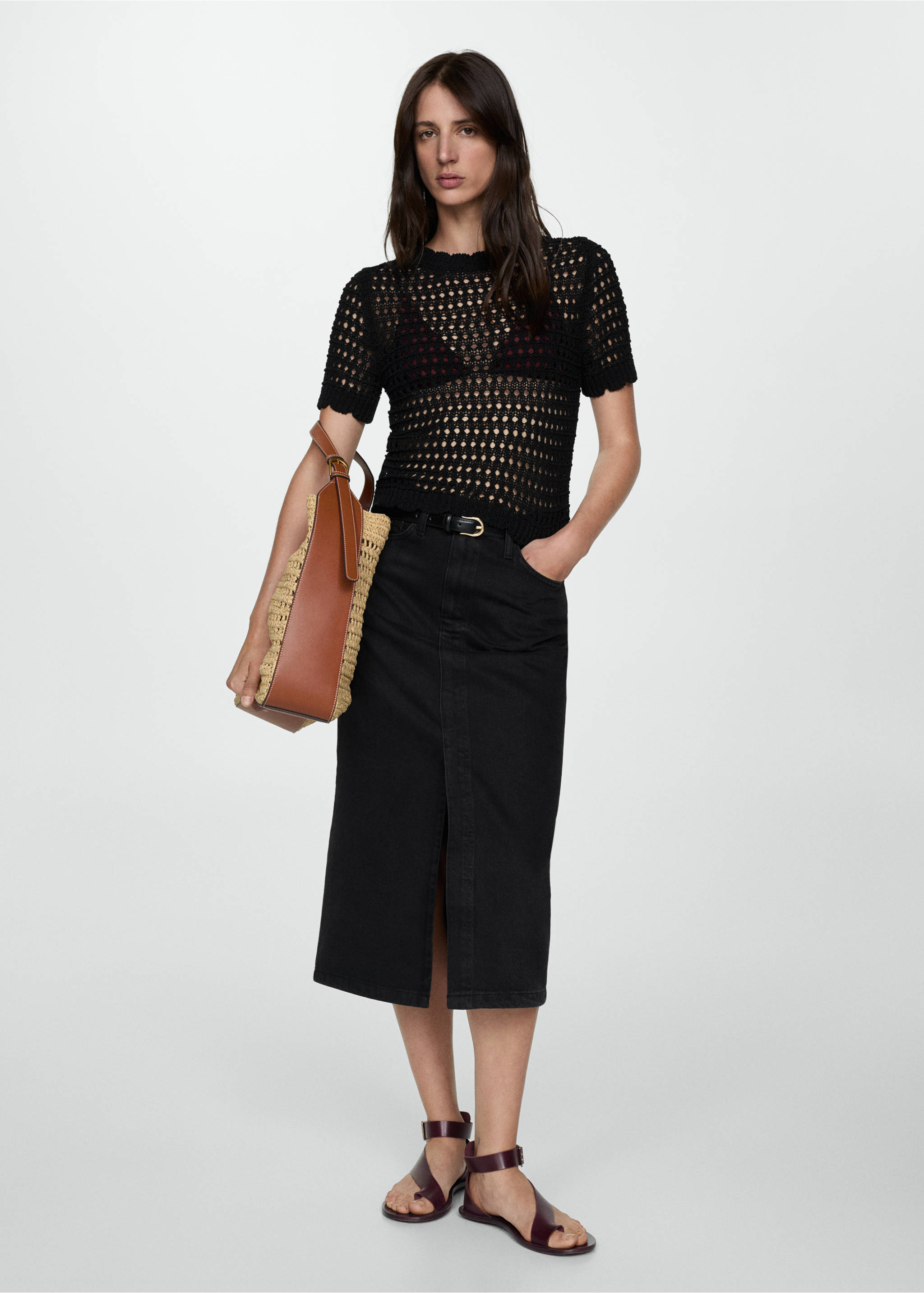 Jupe jean fendue - Plan général, Black denim. Ref: 77099405-00.