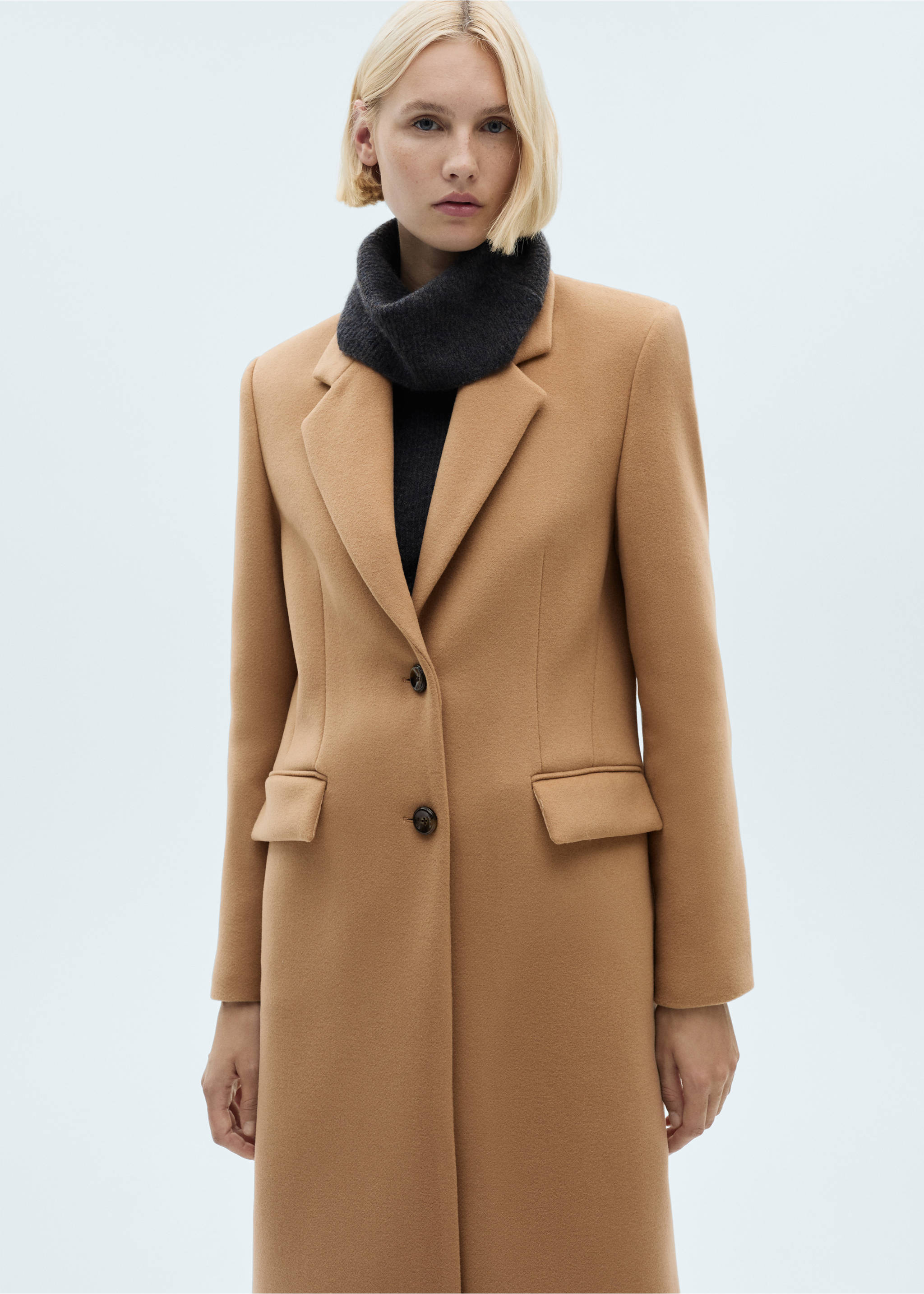 Palton midi din lână virgină - Plan mediu, Maro mediu. Ref: 77158275-00.