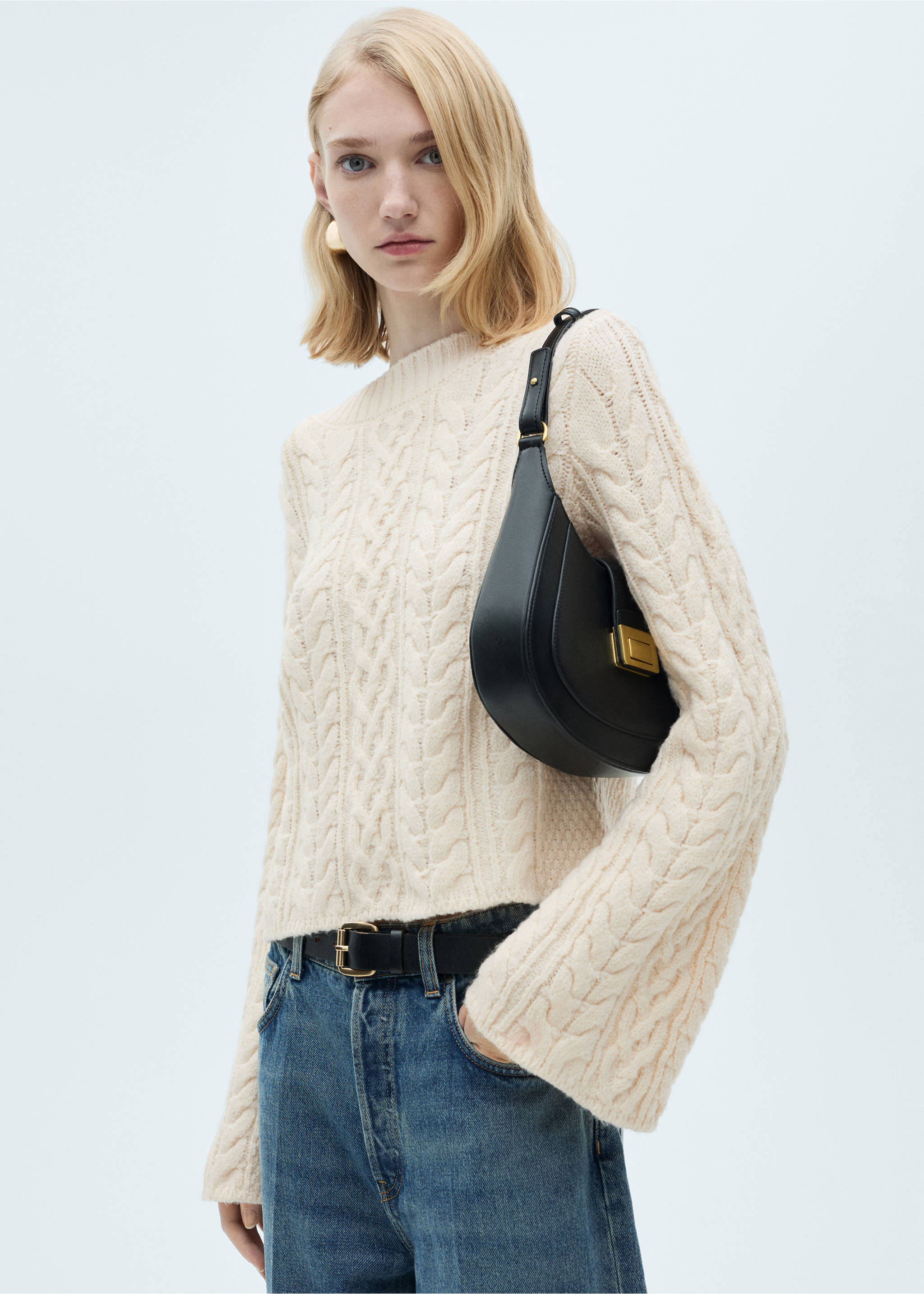 Twisted knitted flared-sleeve sweater - Medium plane, Ecru. Ref: 87000350-00.