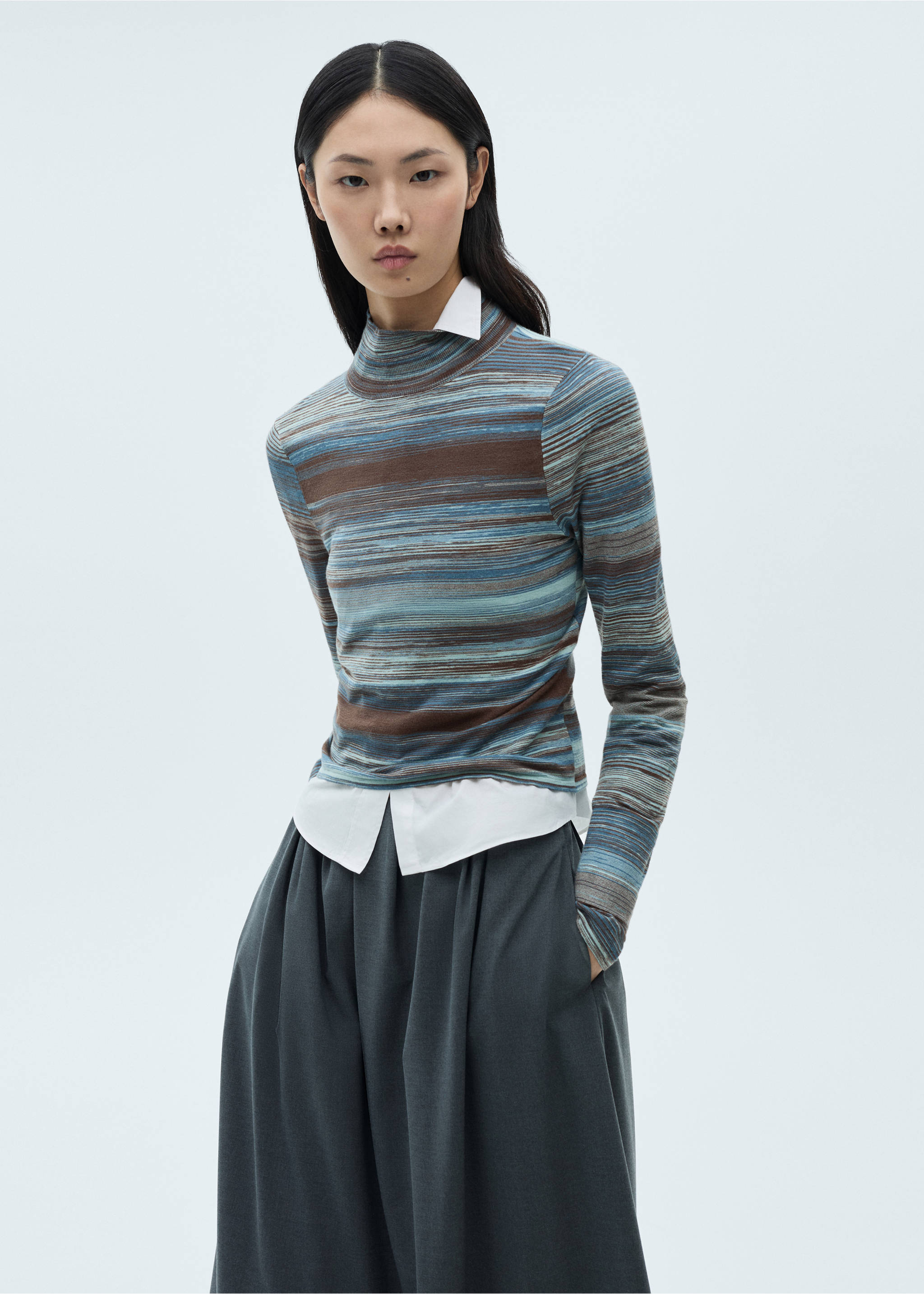 Stand-collar striped sweater - Medium plane, Blue. Ref: 87000360-00.