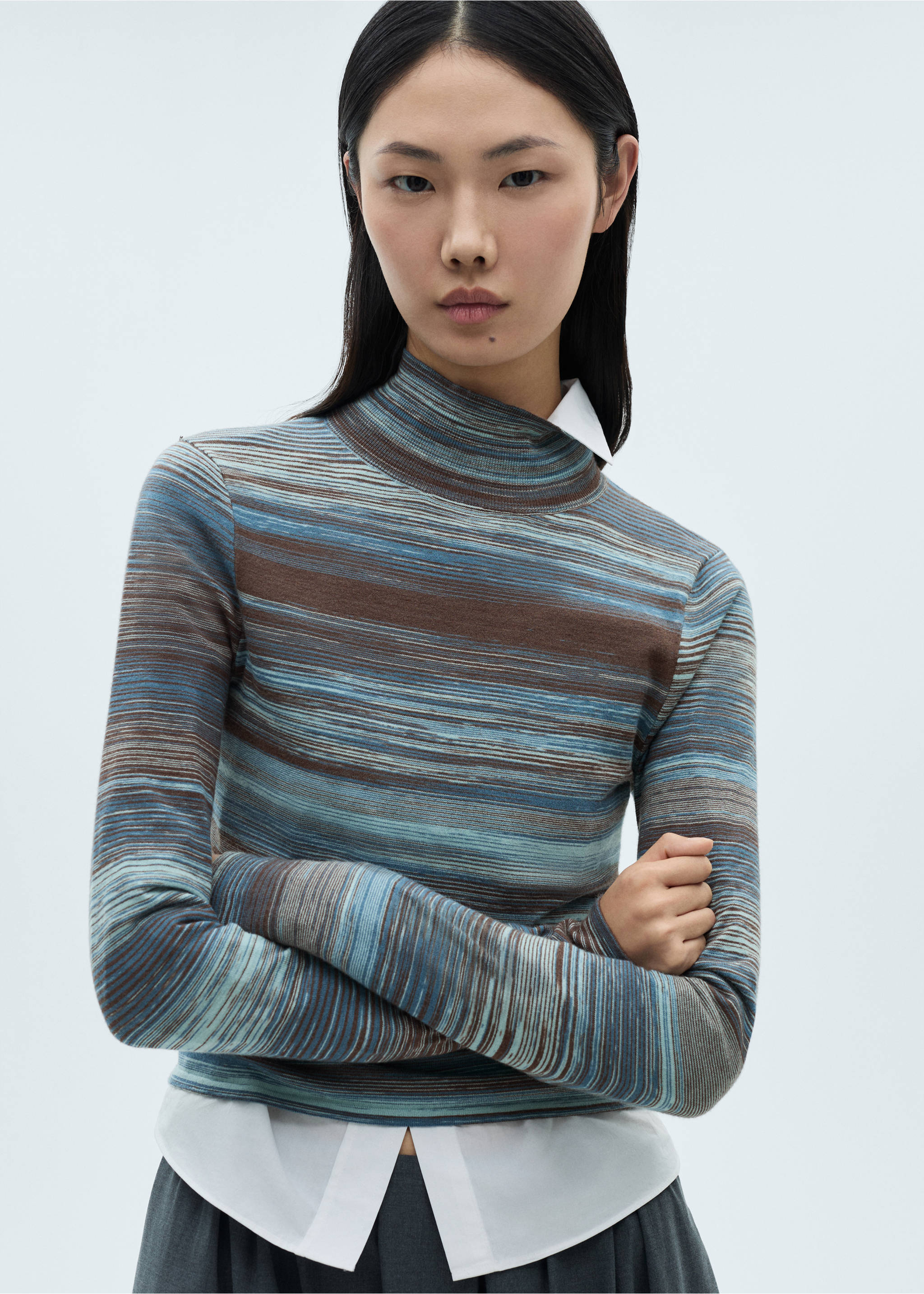 Stand-collar striped sweater - Details of the article 3, Blue. Ref: 87000360-00.