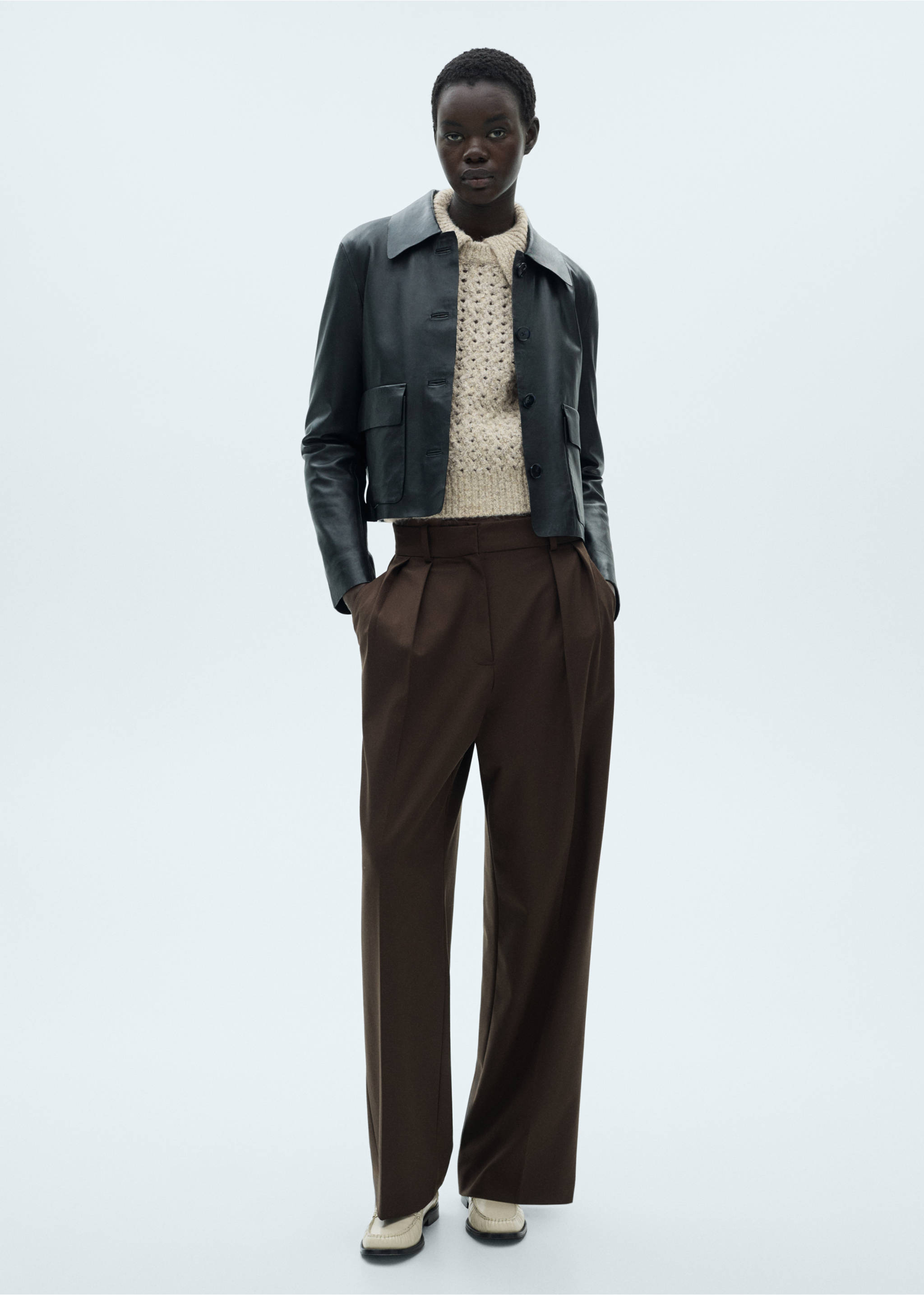 Openwork knitted polo-neck sweater - General plane, Sand. Ref: 87000370-00.