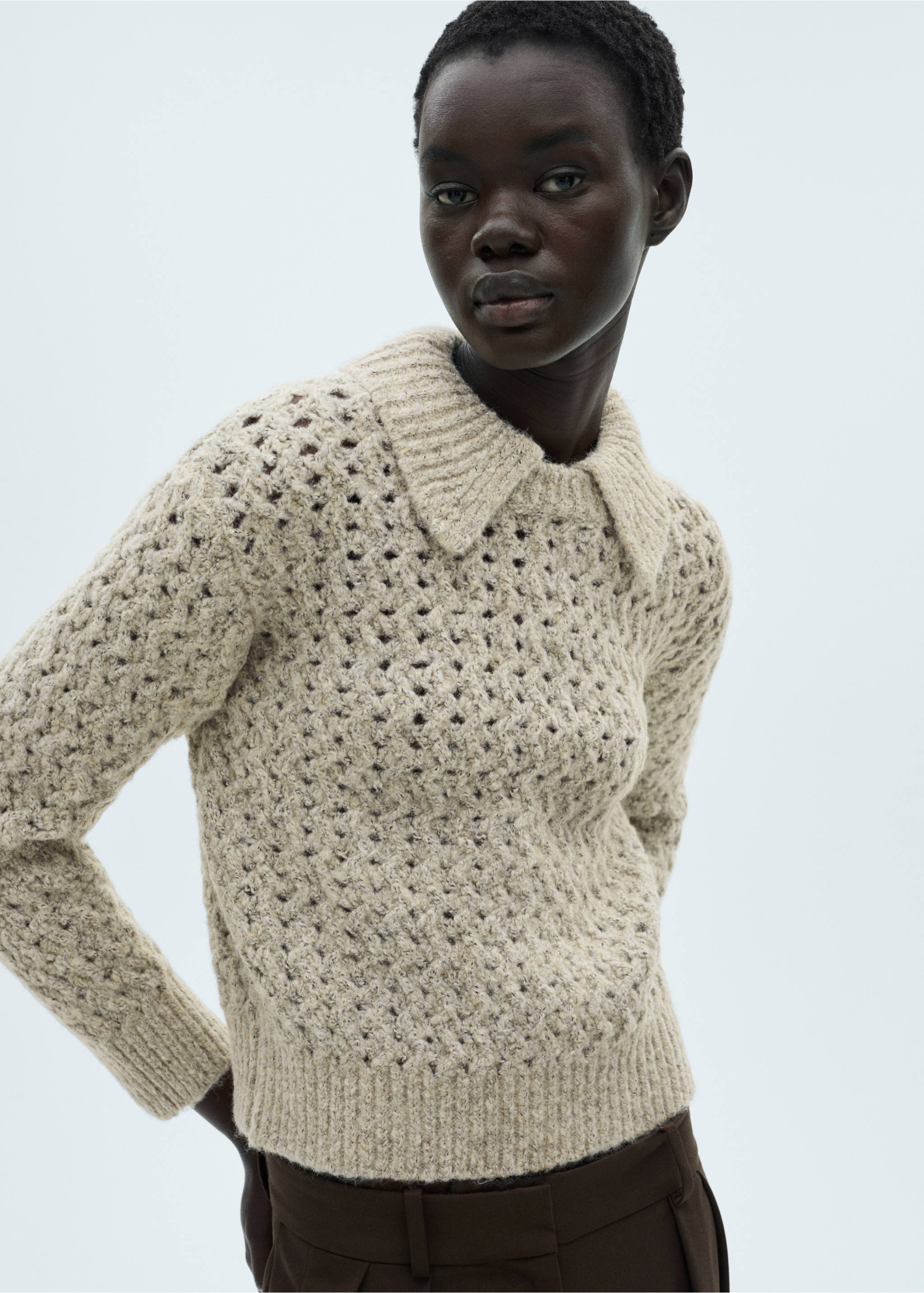 Openwork knitted polo-neck sweater - Medium plane, Sand. Ref: 87000370-00.