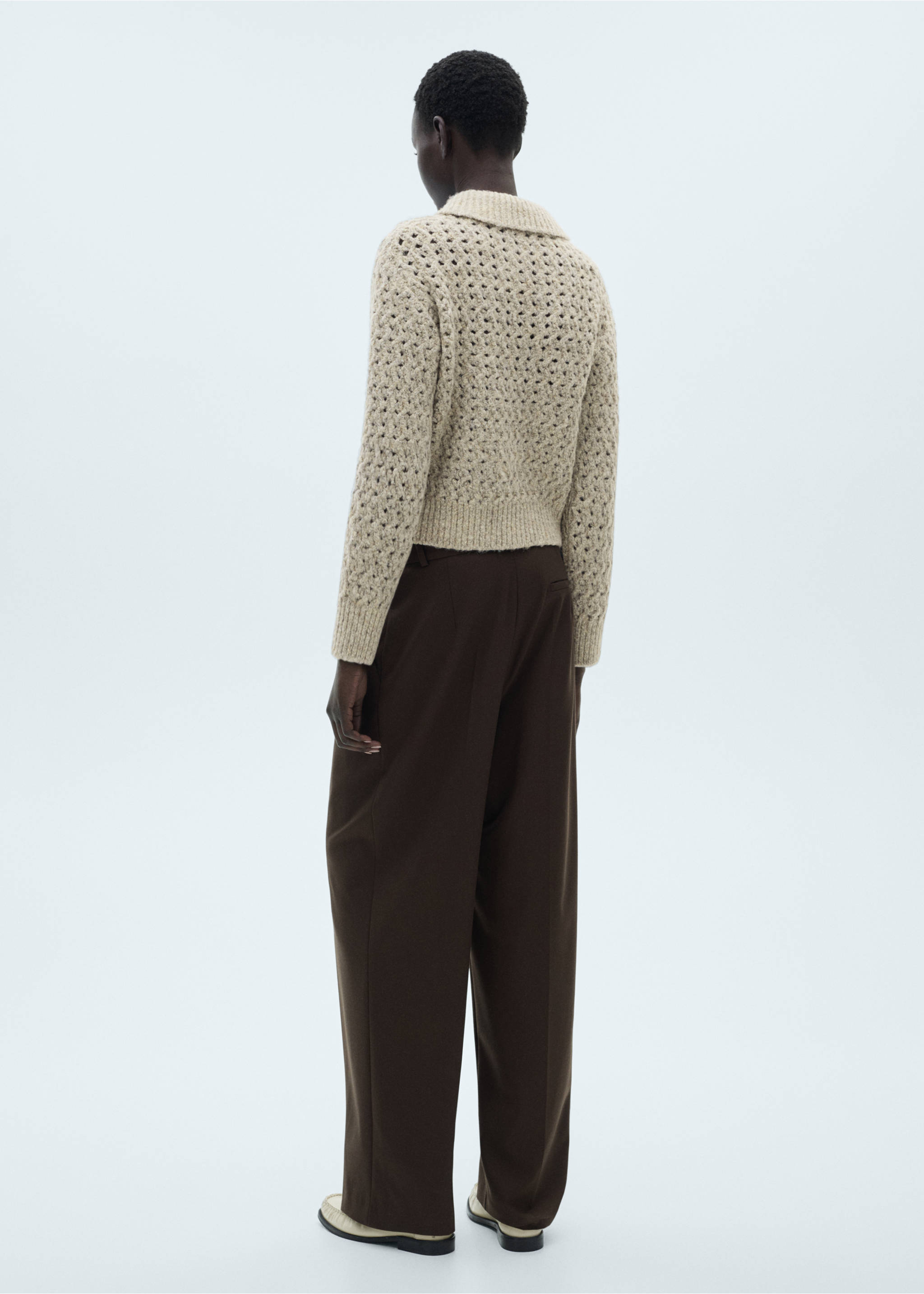 Openwork knitted polo-neck sweater - Reverse of the article, Sand. Ref: 87000370-00.