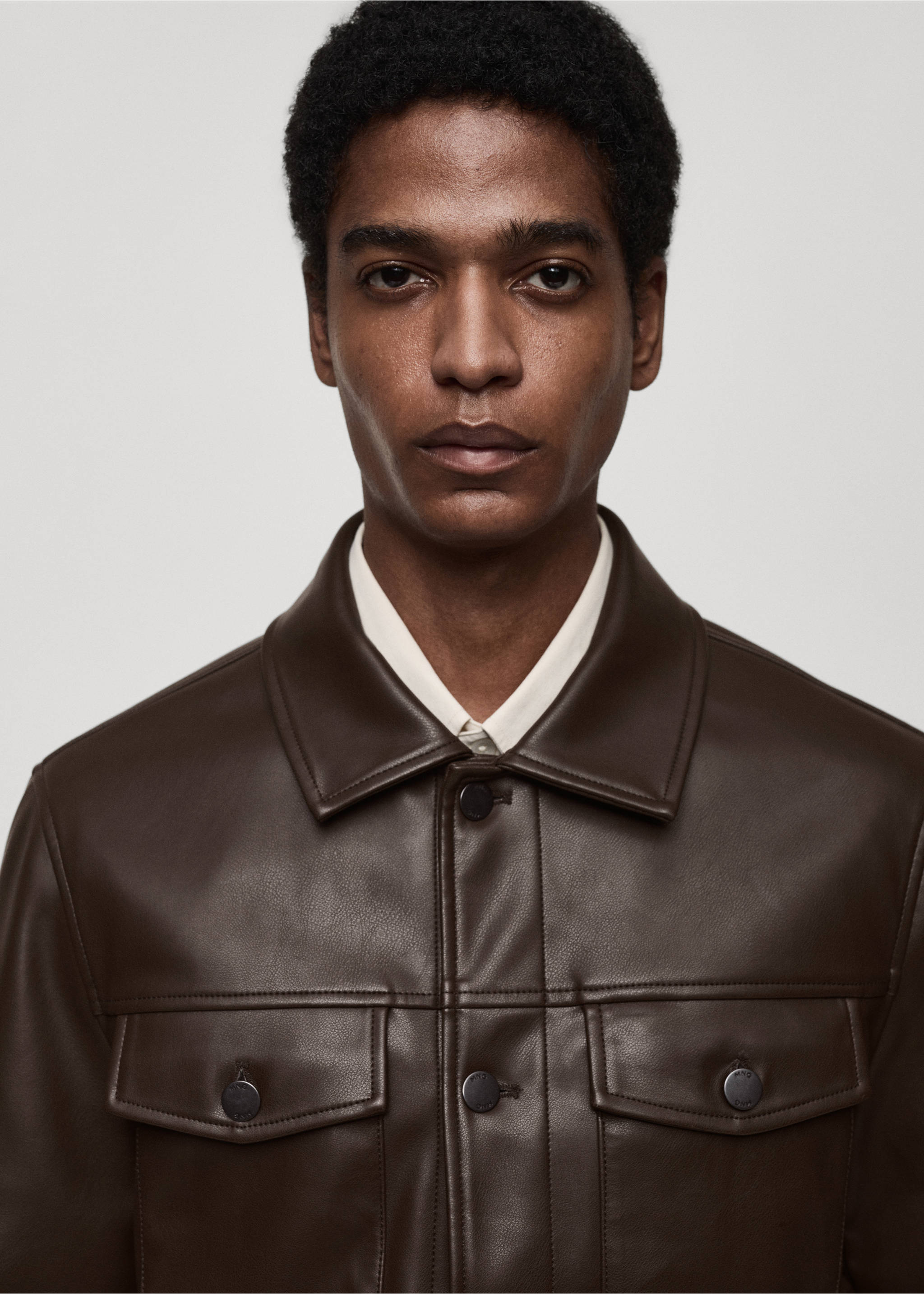 Faux-leather jacket with pockets - Details of the article 1, Brown. Ref: 87000589-00.