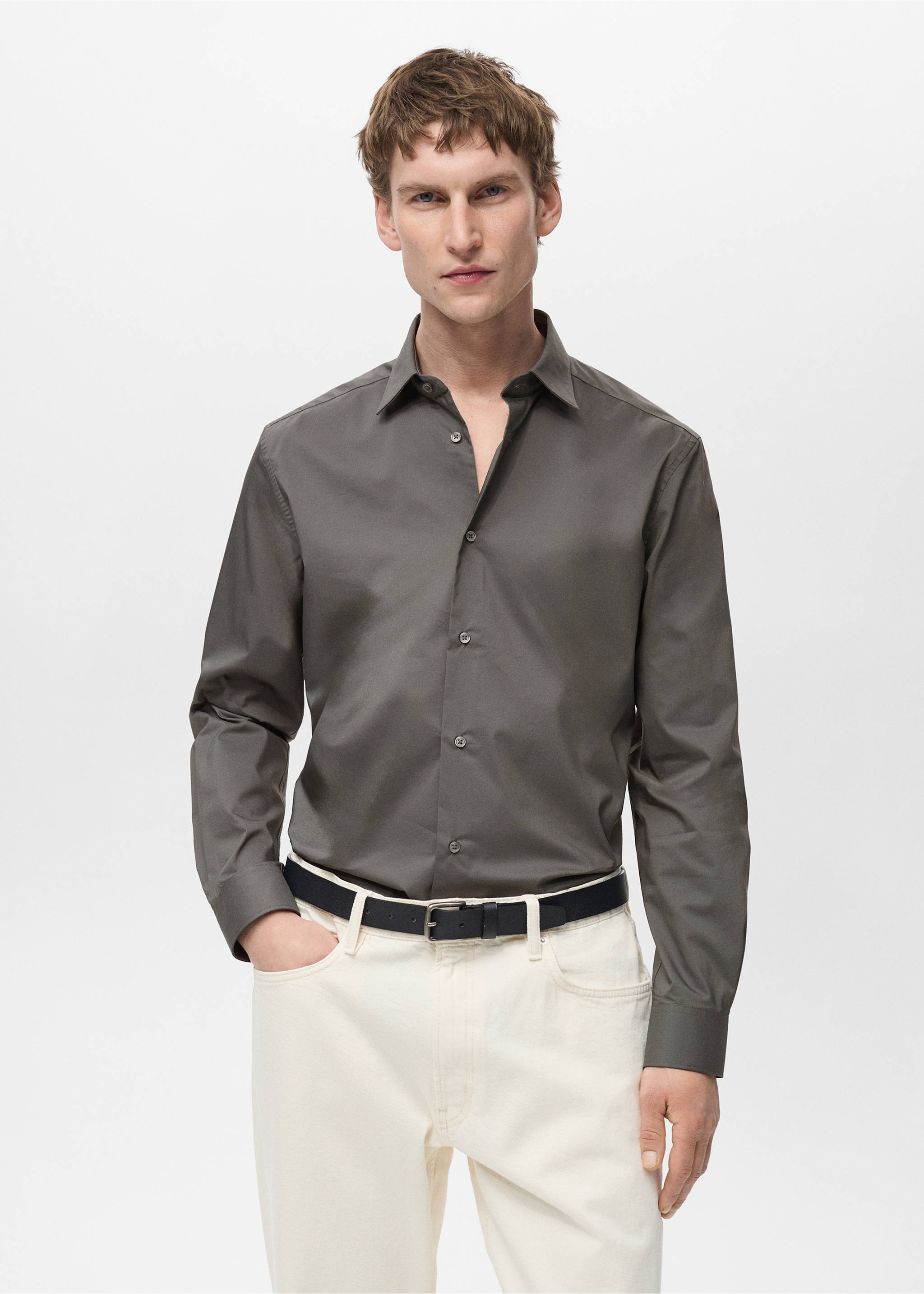 Regular-fit stretch cotton shirt - Medium plane, Grey. Ref: 87000602-00.