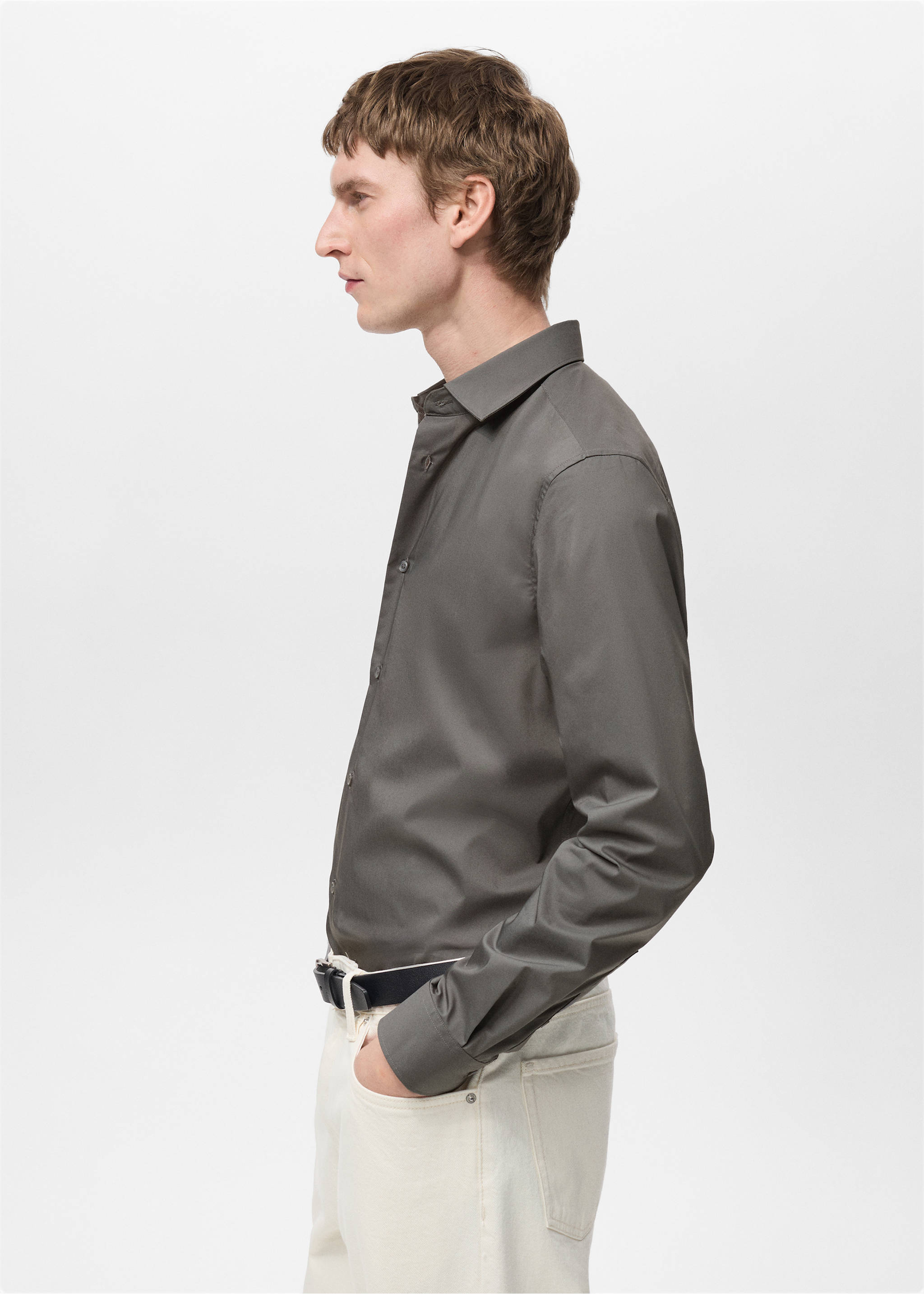 Regular-fit stretch cotton shirt - Details of the article 2, Grey. Ref: 87000602-00.