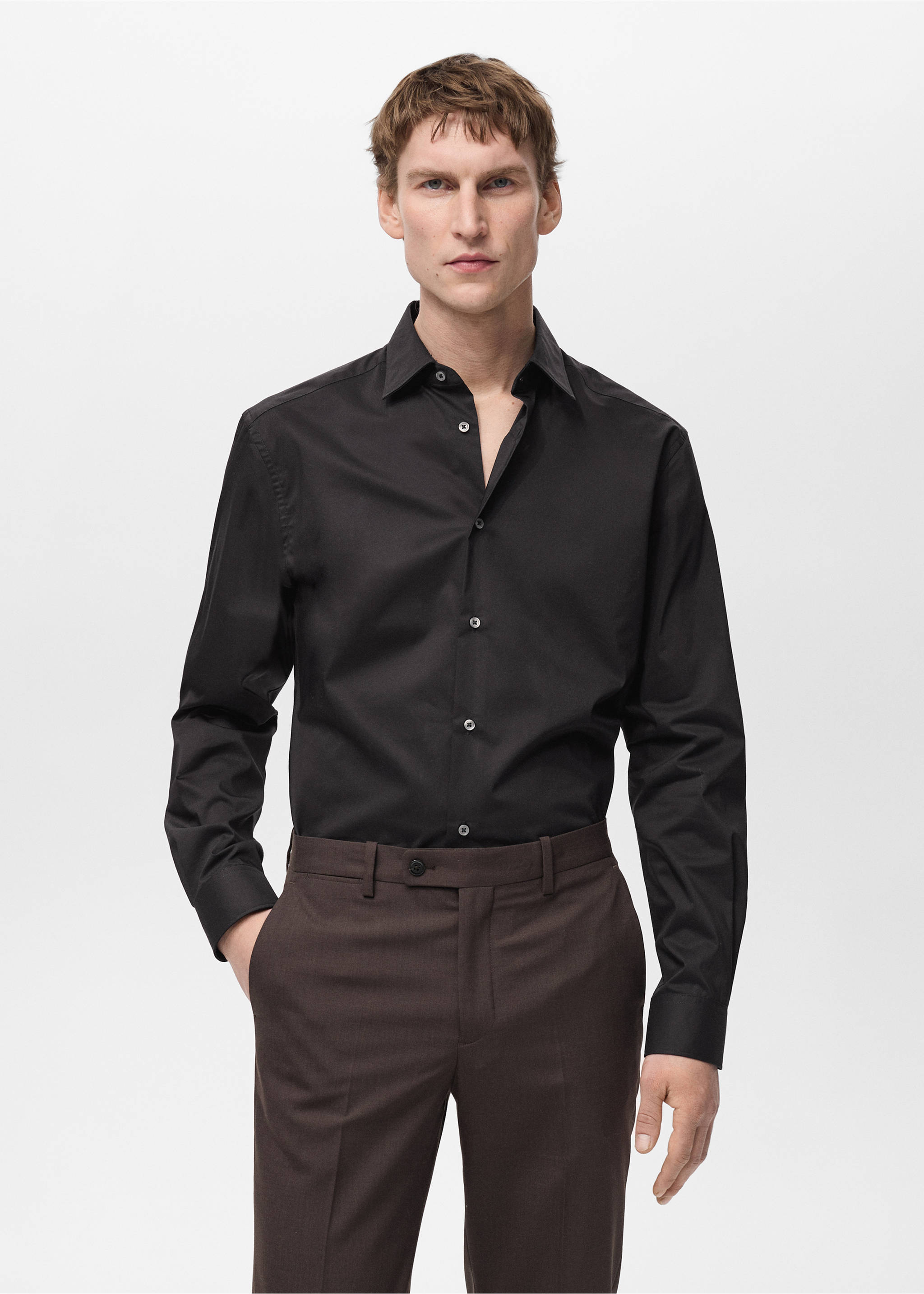 Regular-fit stretch cotton shirt - Medium plane, Black. Ref: 87000602-00.