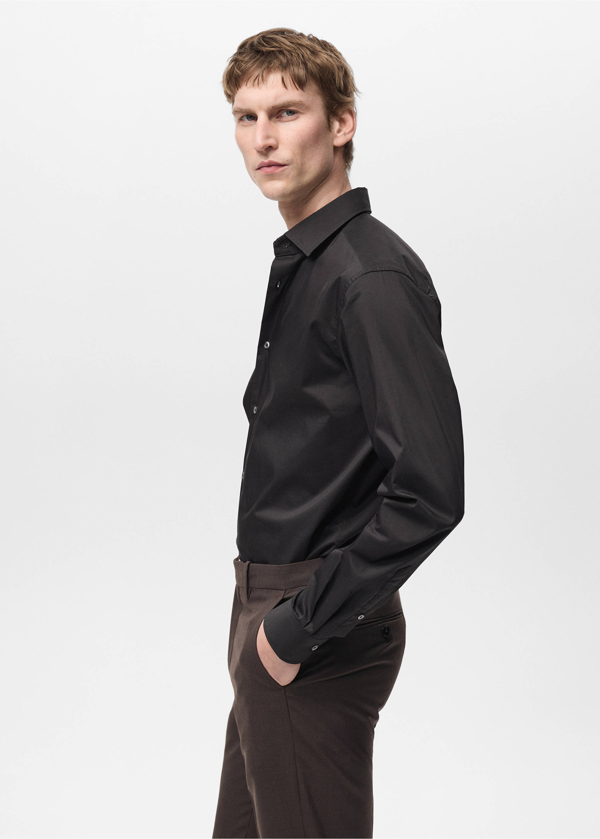 Regular-fit stretch cotton shirt - Details of the article 2, Black. Ref: 87000602-00.