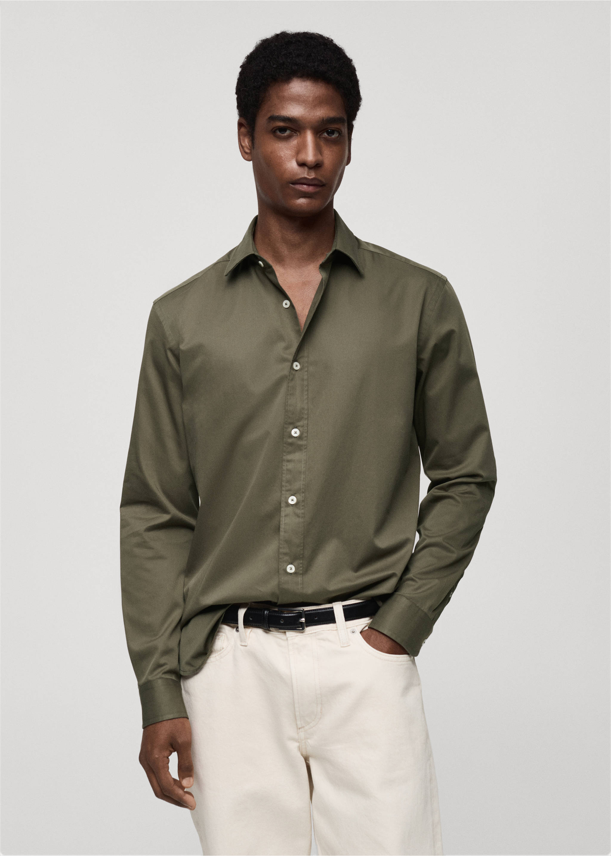 100% cotton regular fit shirt - Medium plane, Khaki. Ref: 87000606-00.