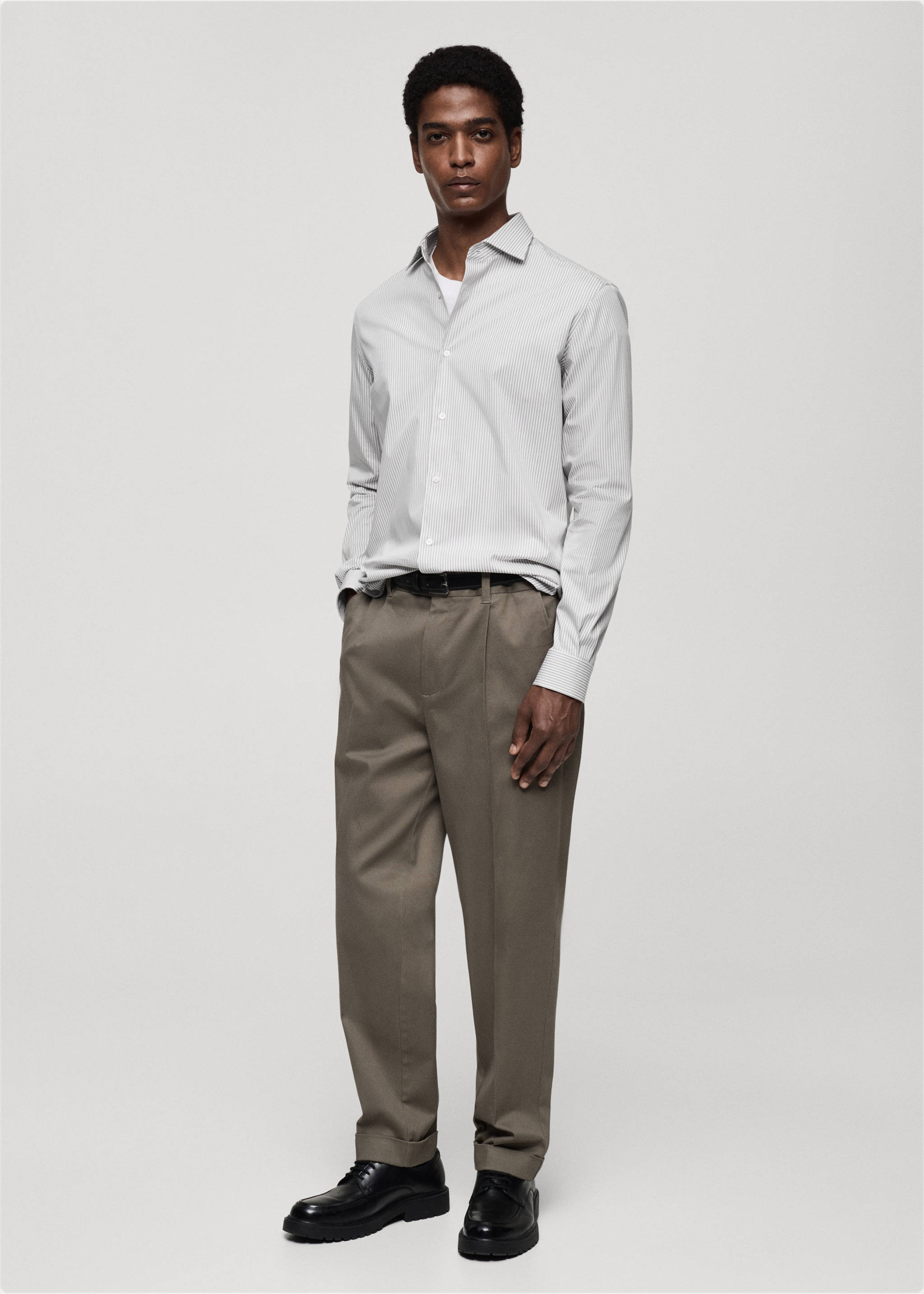 Slim fit striped cotton shirt - General plane, Brown. Ref: 87000607-00.