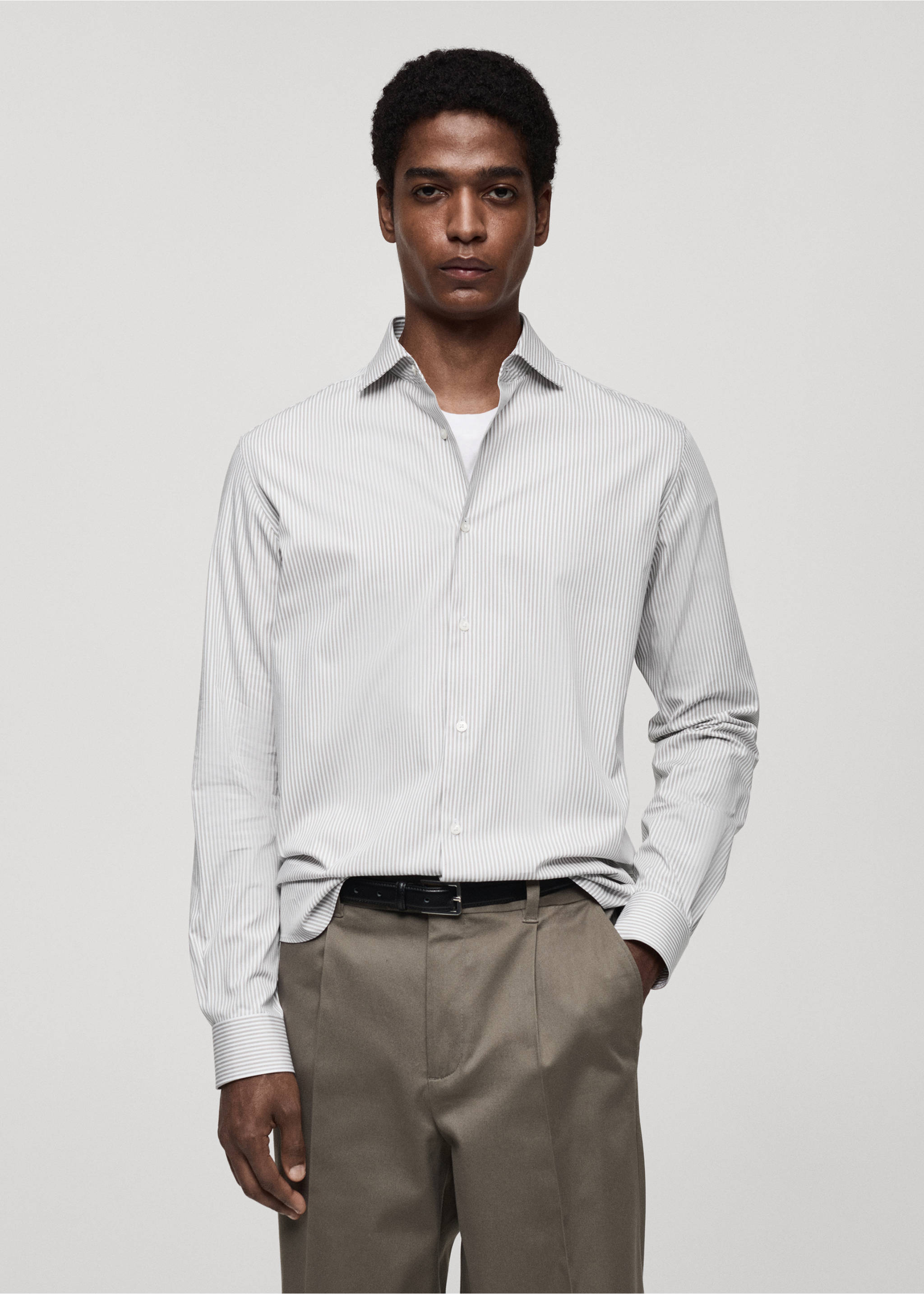 Slim fit striped cotton shirt - Medium plane, Brown. Ref: 87000607-00.