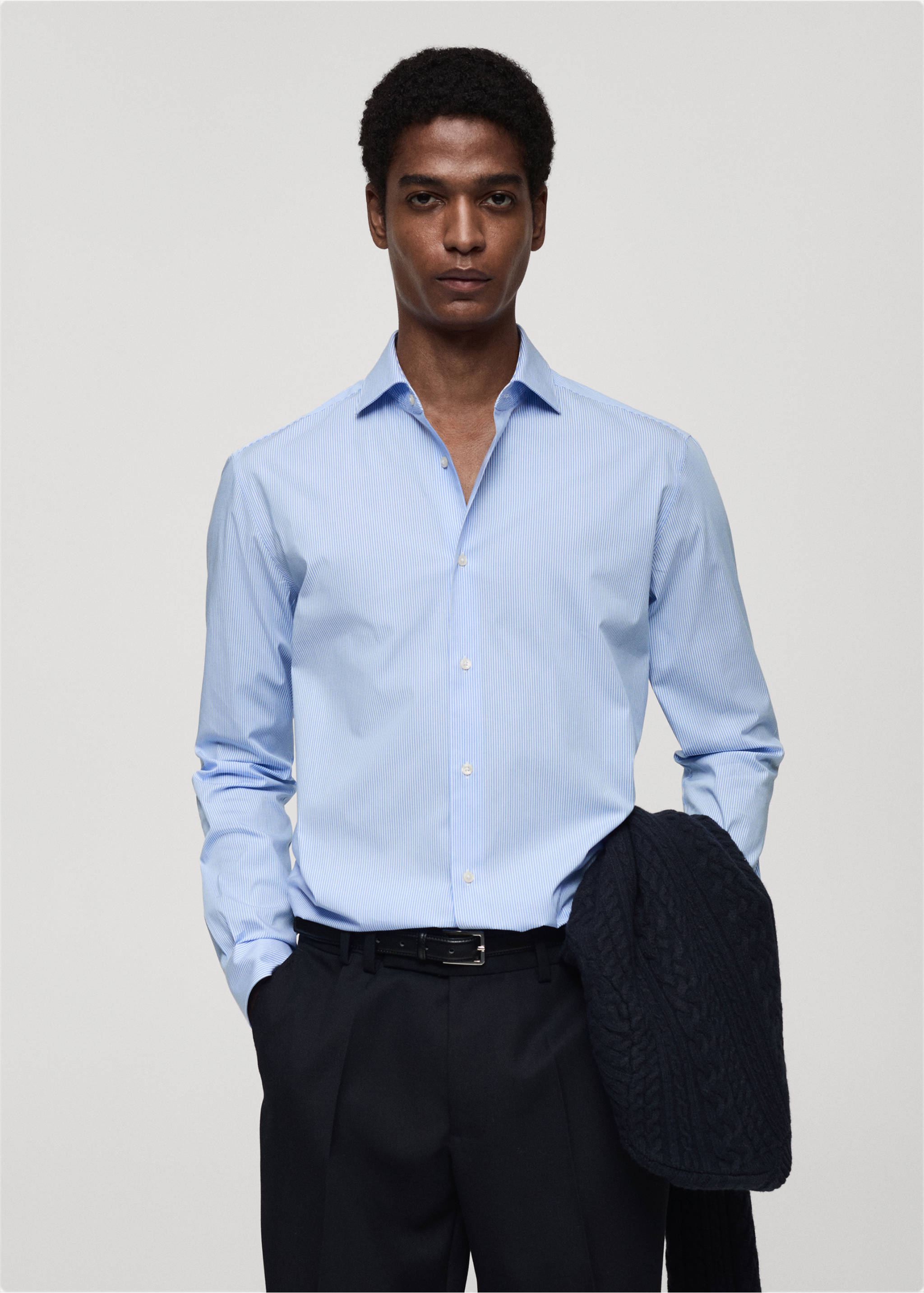 Slim fit striped cotton shirt - Medium plane, Blue. Ref: 87000607-00.