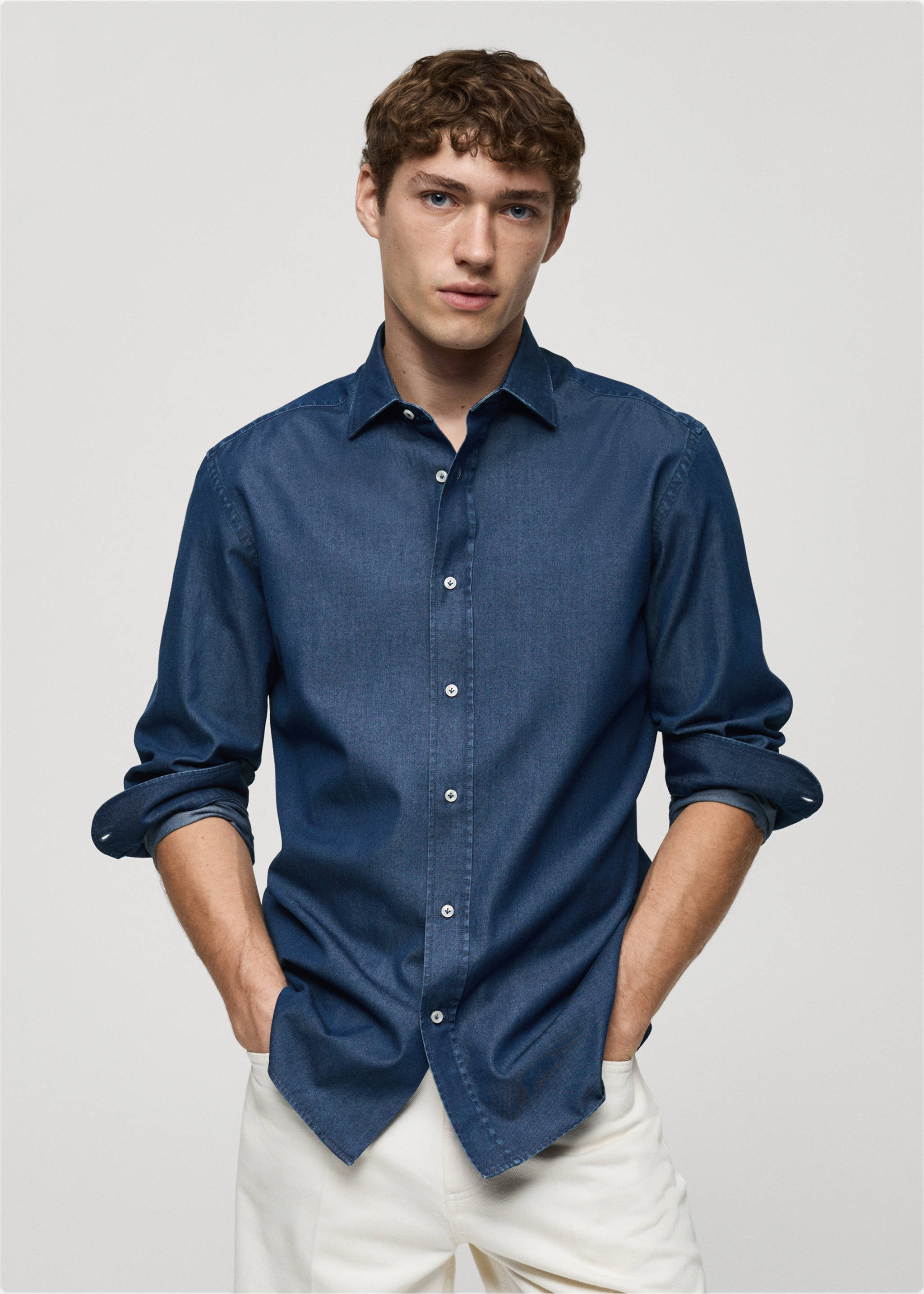 Slim fit cotton chambray shirt - Medium plane, Dark Blue. Ref: 87000608-00.